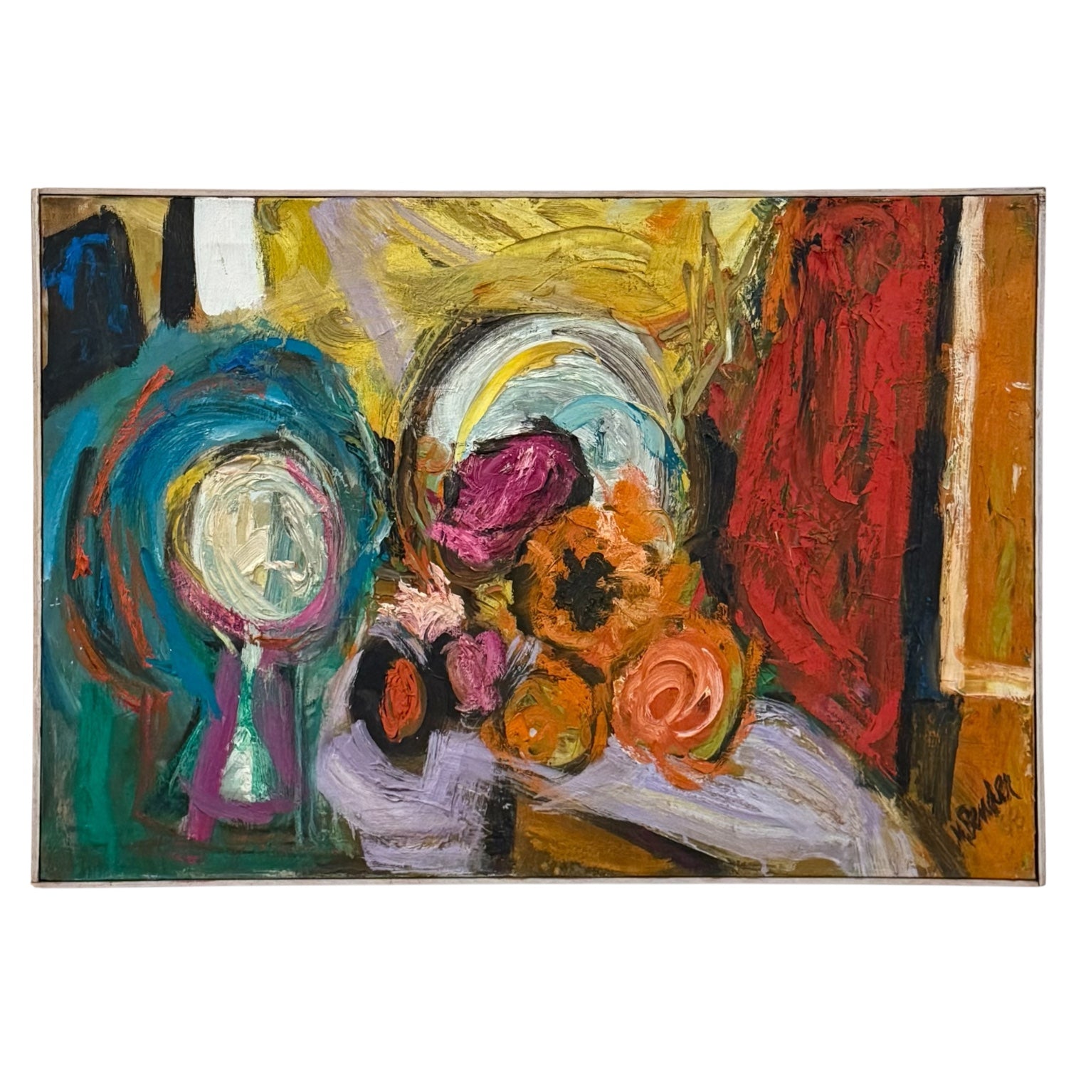 Boldly Colorful Still Life with Heavy Impasto in Original Lathe Frame