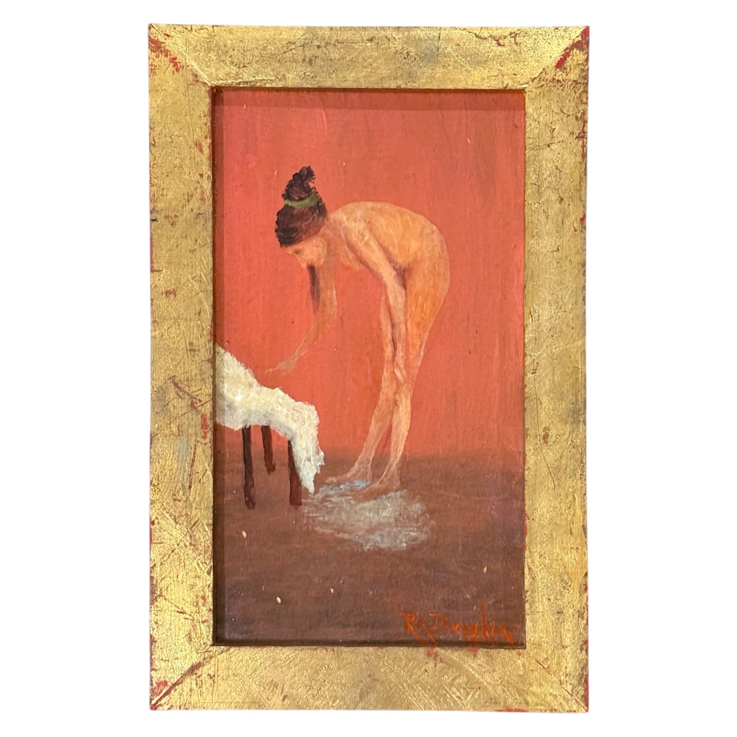 Figurative Oil Painting in Melon Tones in Vintage Frame