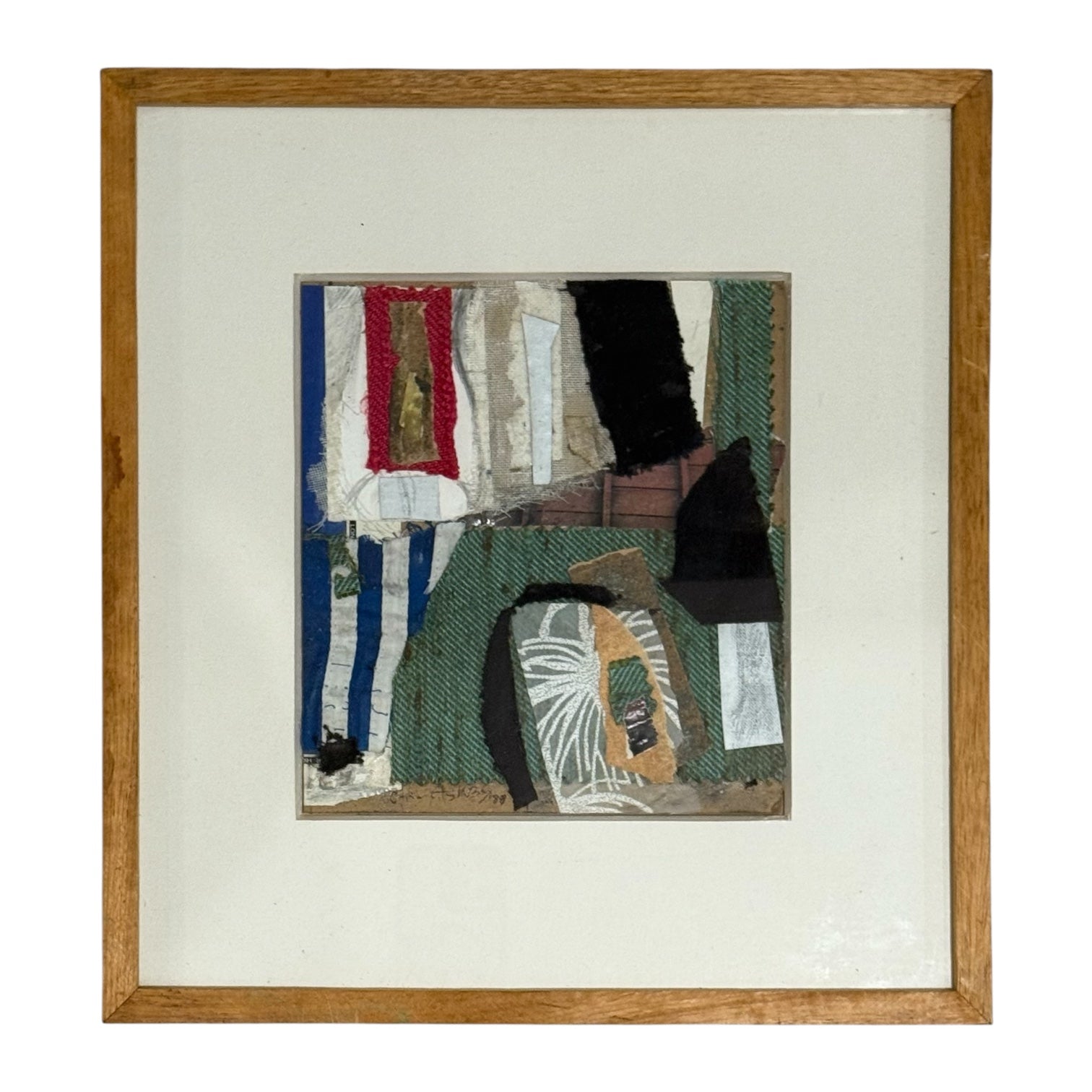 1989 Mixed Media Collage with Fabric and Paper in Original Frame