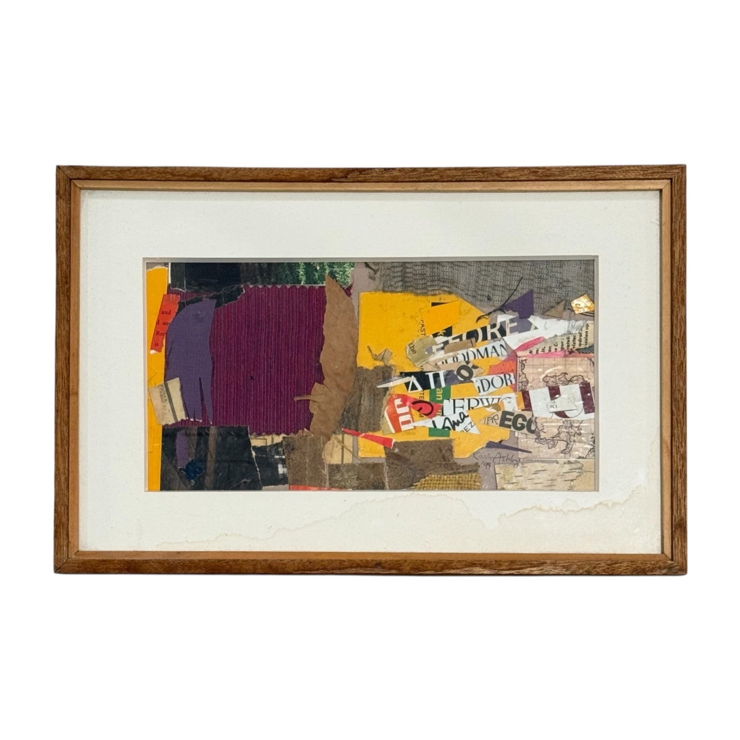 1994 Mixed Media Collage with Fabric Torn Paper Maps in Original Wood Frame