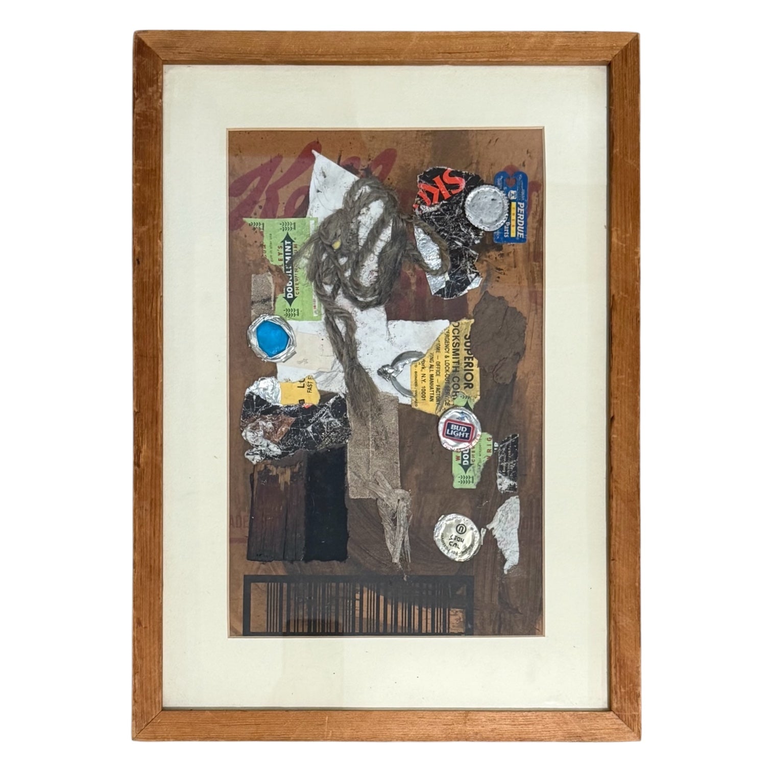 Mixed Media Collage with Found Objects String Paper in Original Gallery Frame