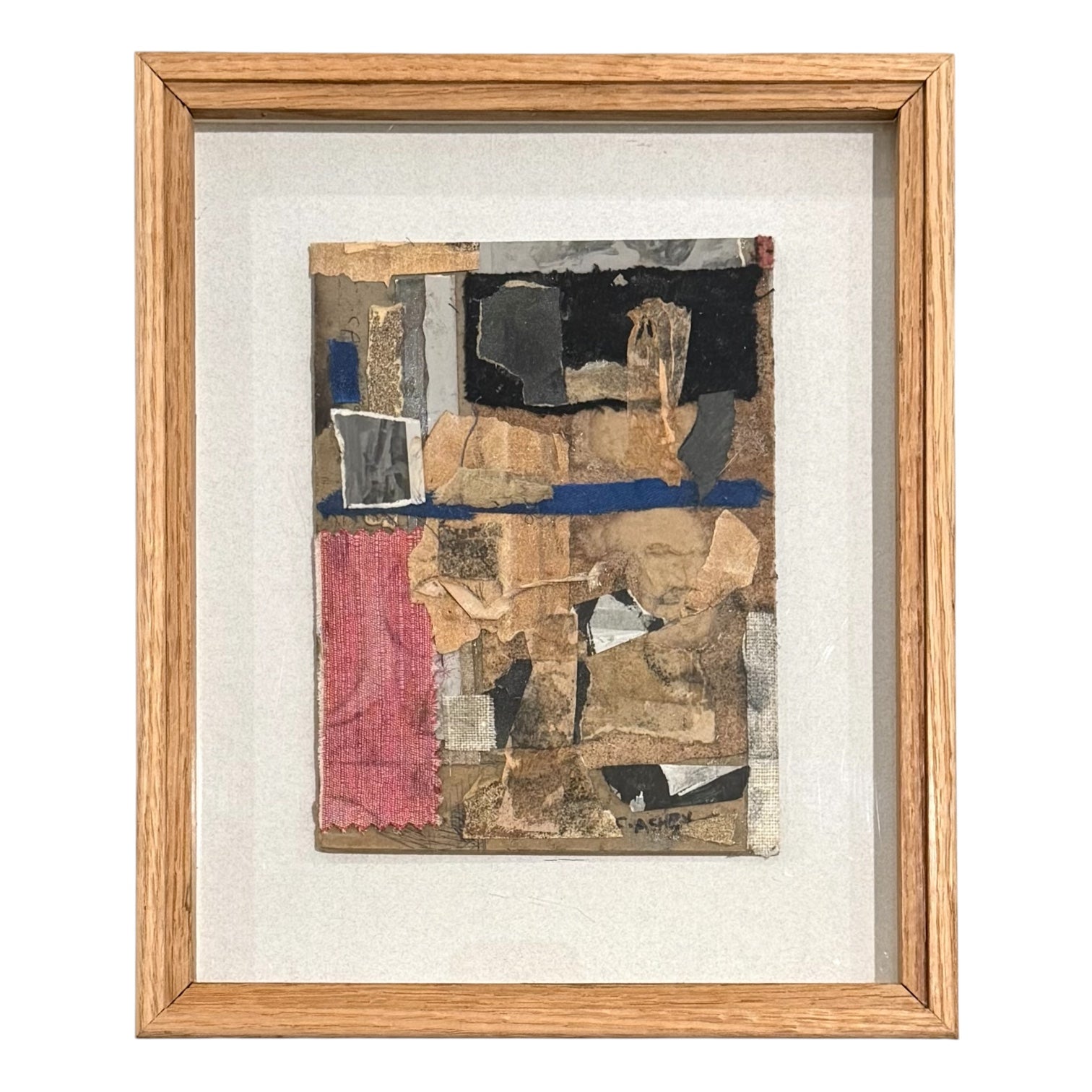 1990 Mixed Media Collage in Original Vintage Wood Frame