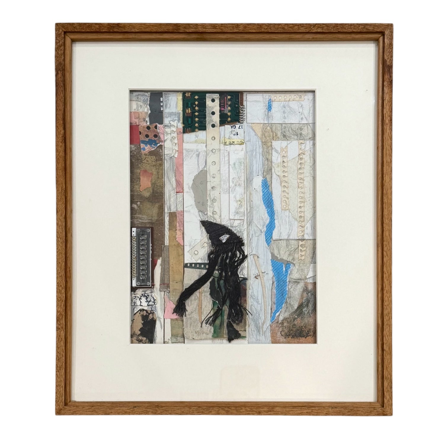 Mixed Media Collage with Found Objects Paper Fabric in Original Gallery-Style Frame