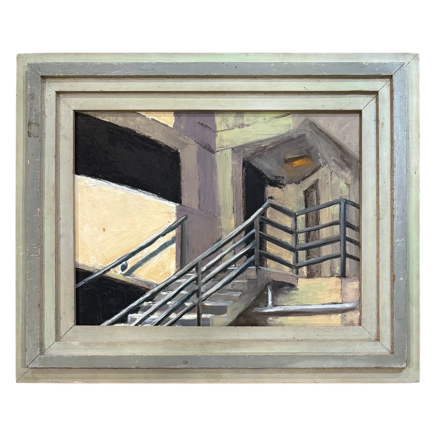 Graphic  Painting of an Industrial  Stairwell in Vintage Wood Frame