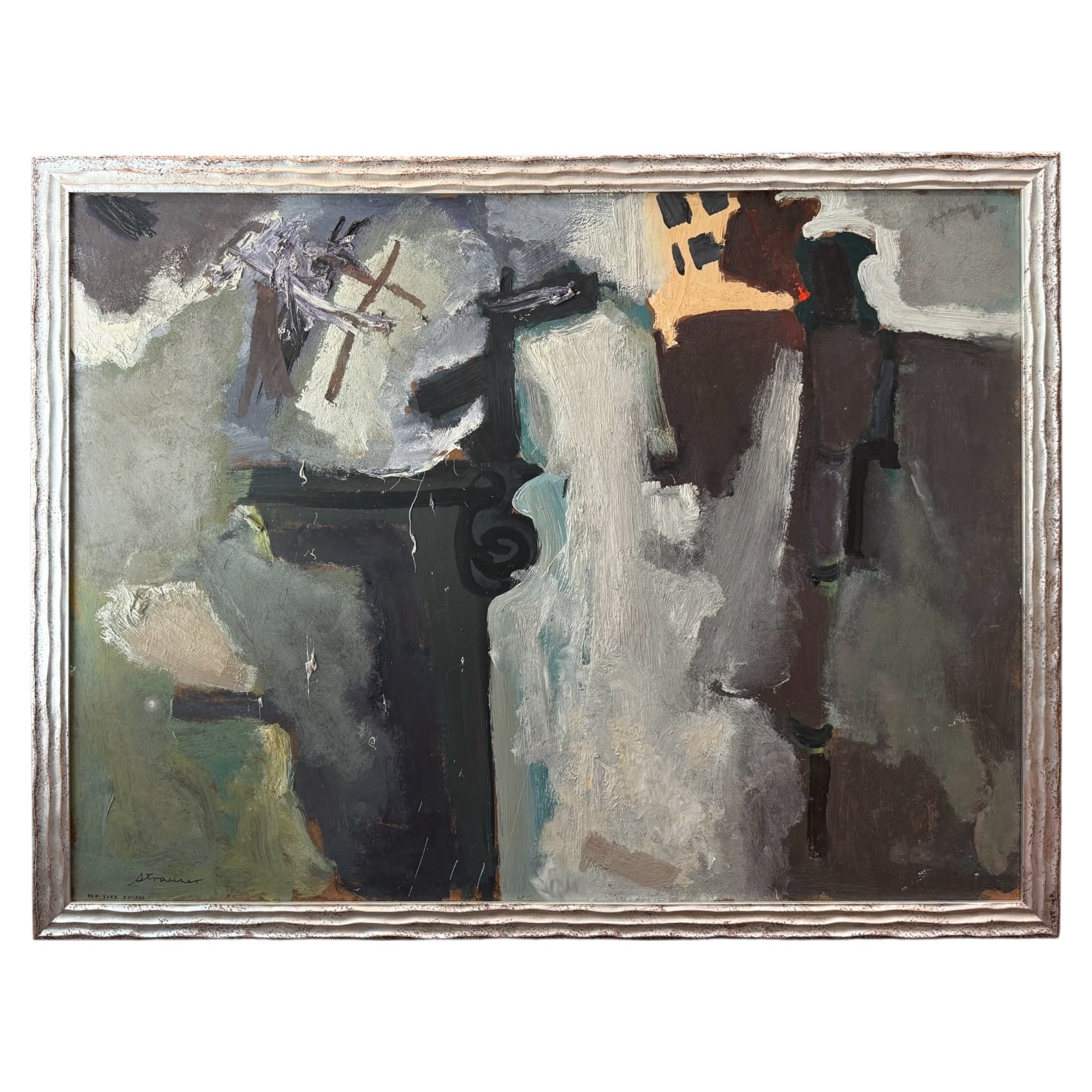 "New York Facade" Abstract Expressionist Painting in Carved Silver Leaf Custom Frame