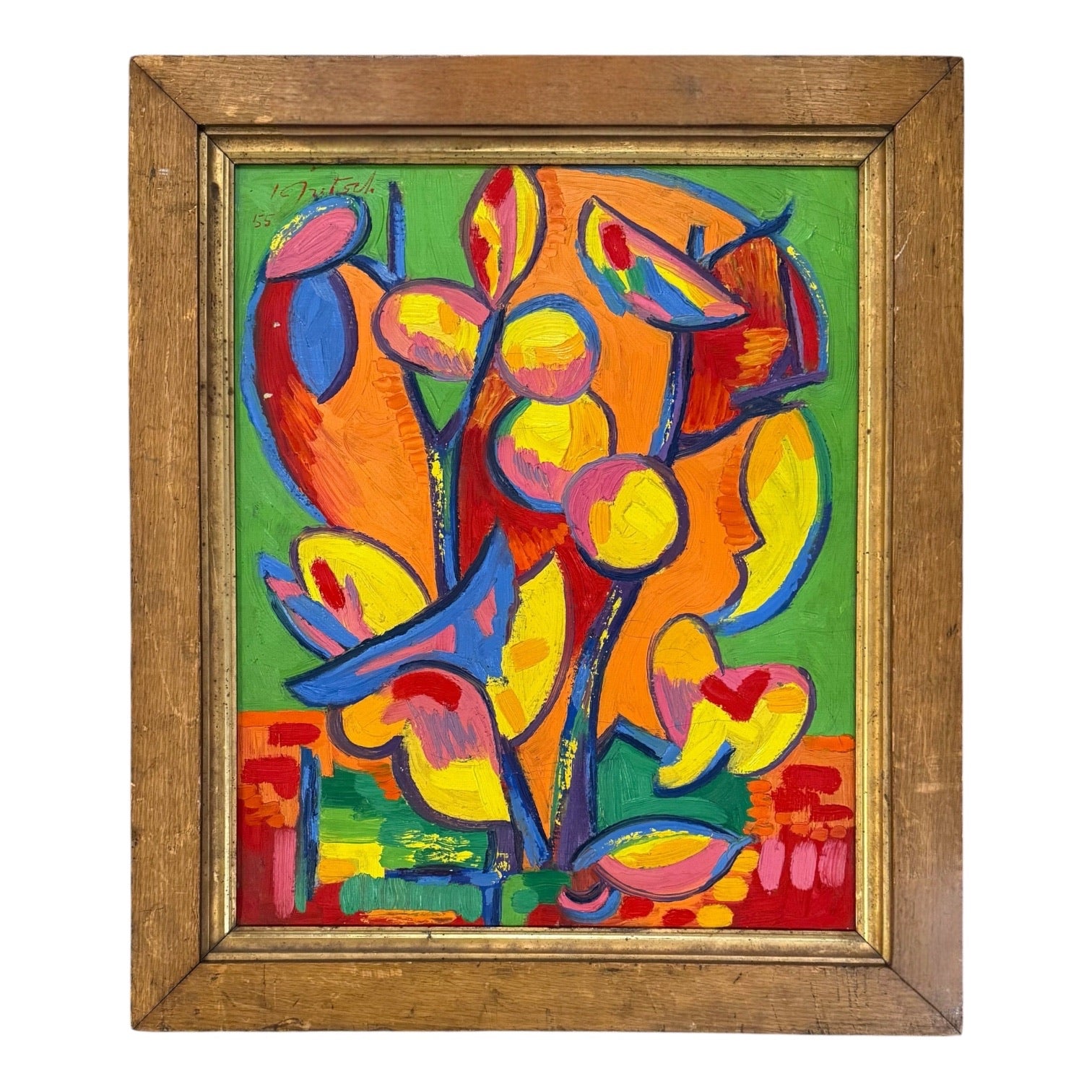 1955 Cubist Abstracted Still Life in Wide Antique Oak and Gilt Frame