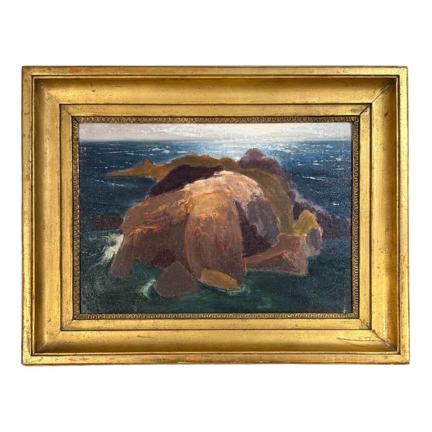 Exceptional Seascape with Rock Formation in a 19th c Wide Gold Gilt Frame