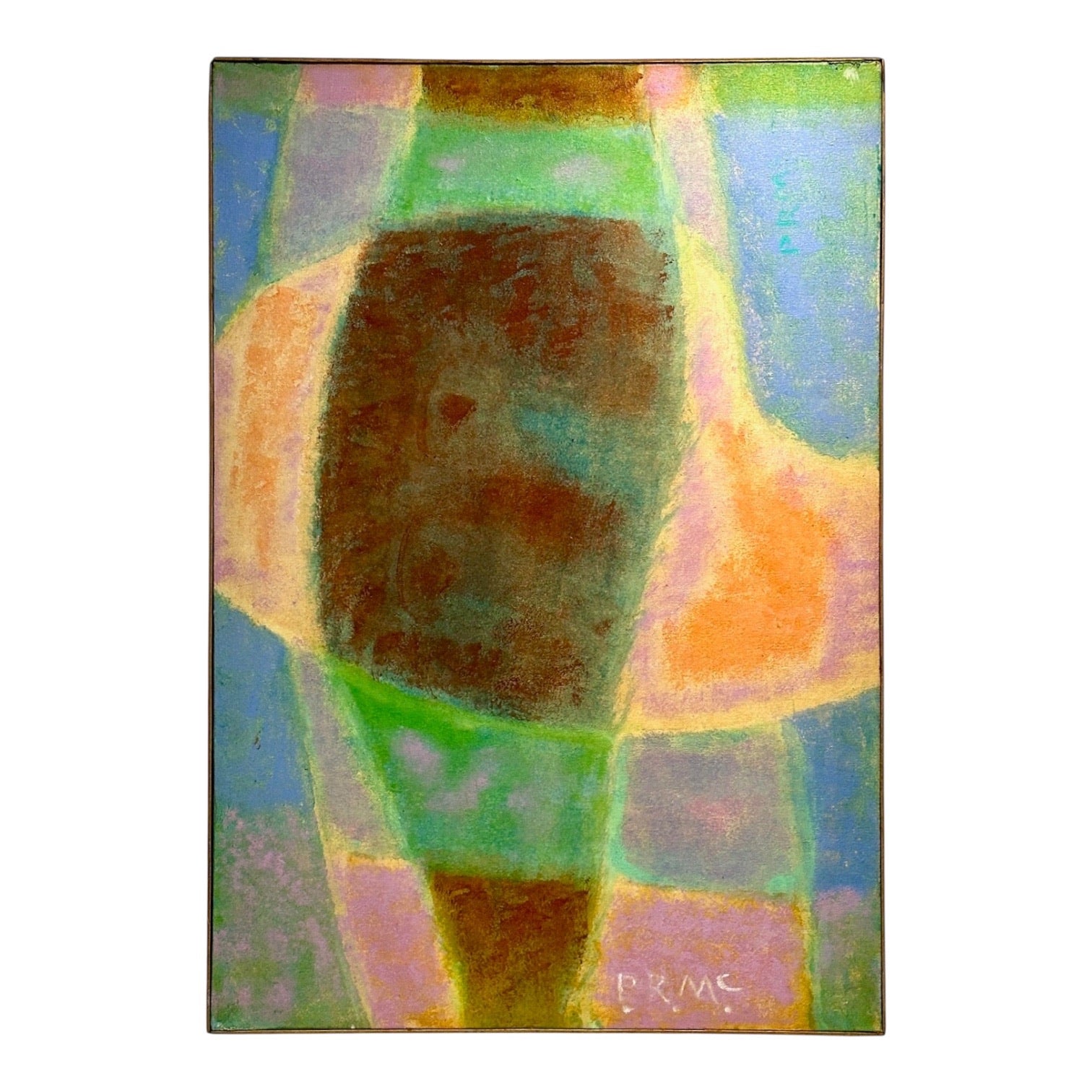 Large Colorful Abstract Textural Painting in Original Lathe Frame