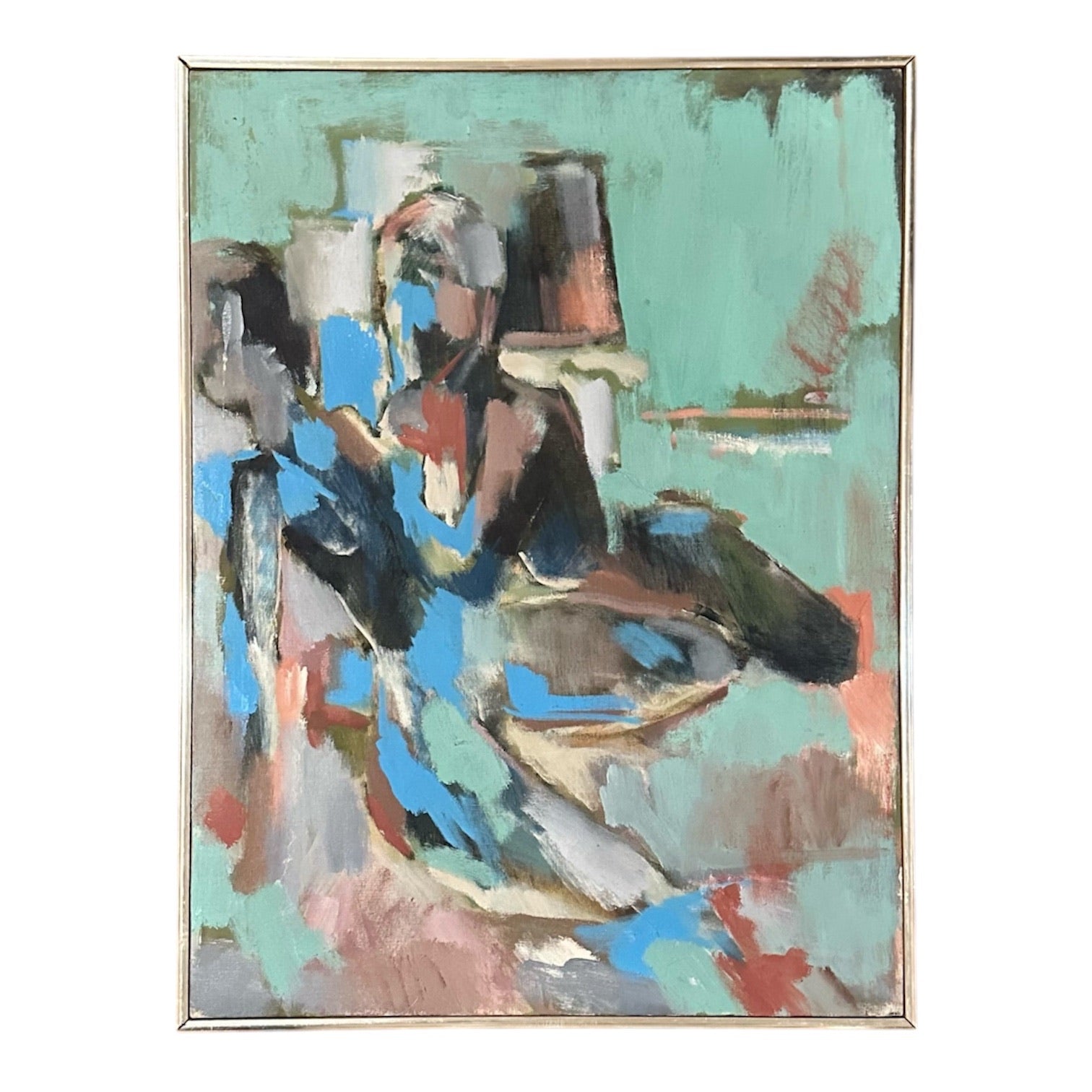 Dynamic Abstract of Two Figures in Bold Cool Tones with Original Lathe Frame