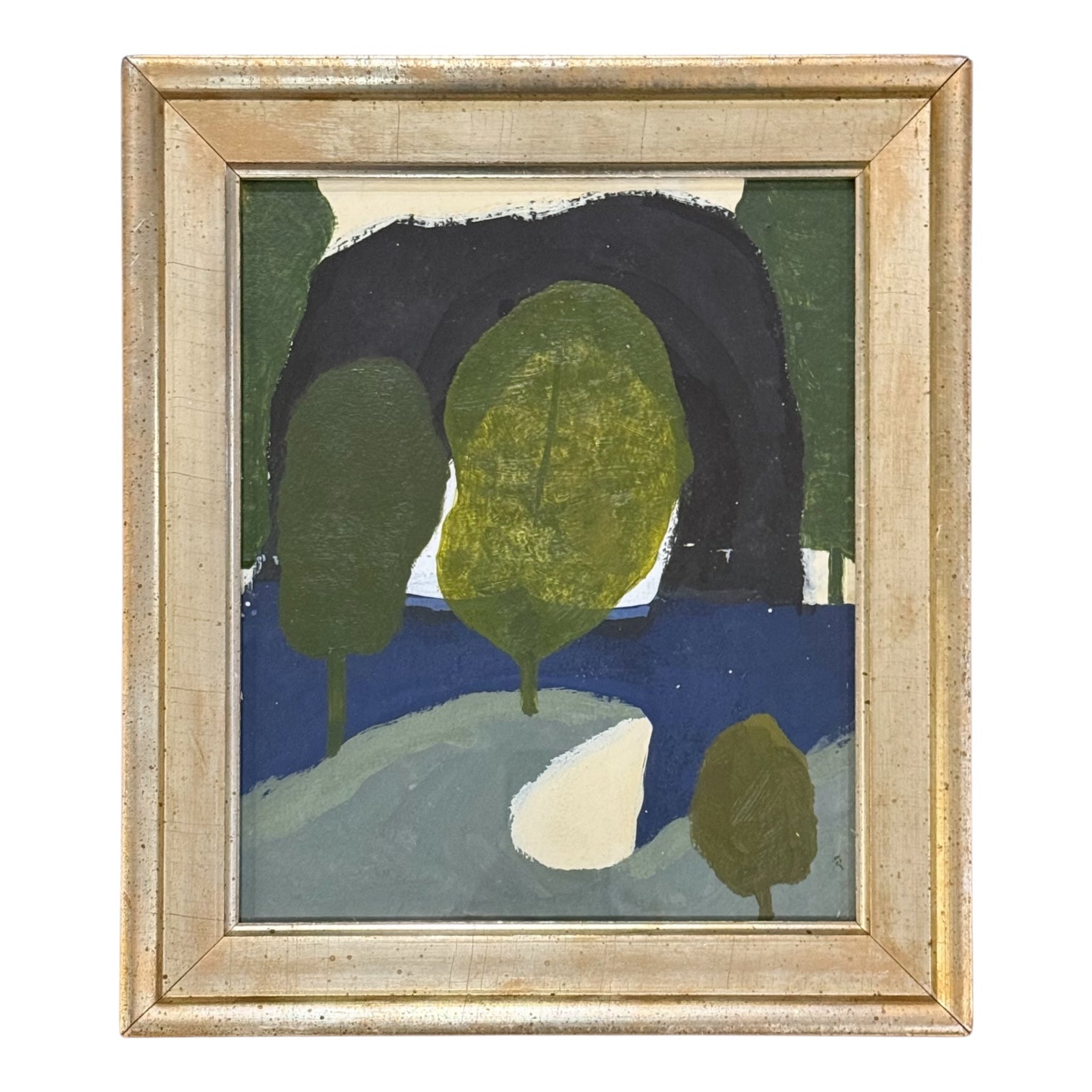 Landscape Oil Painting in Greens and Blues in Antique Gilt Frame