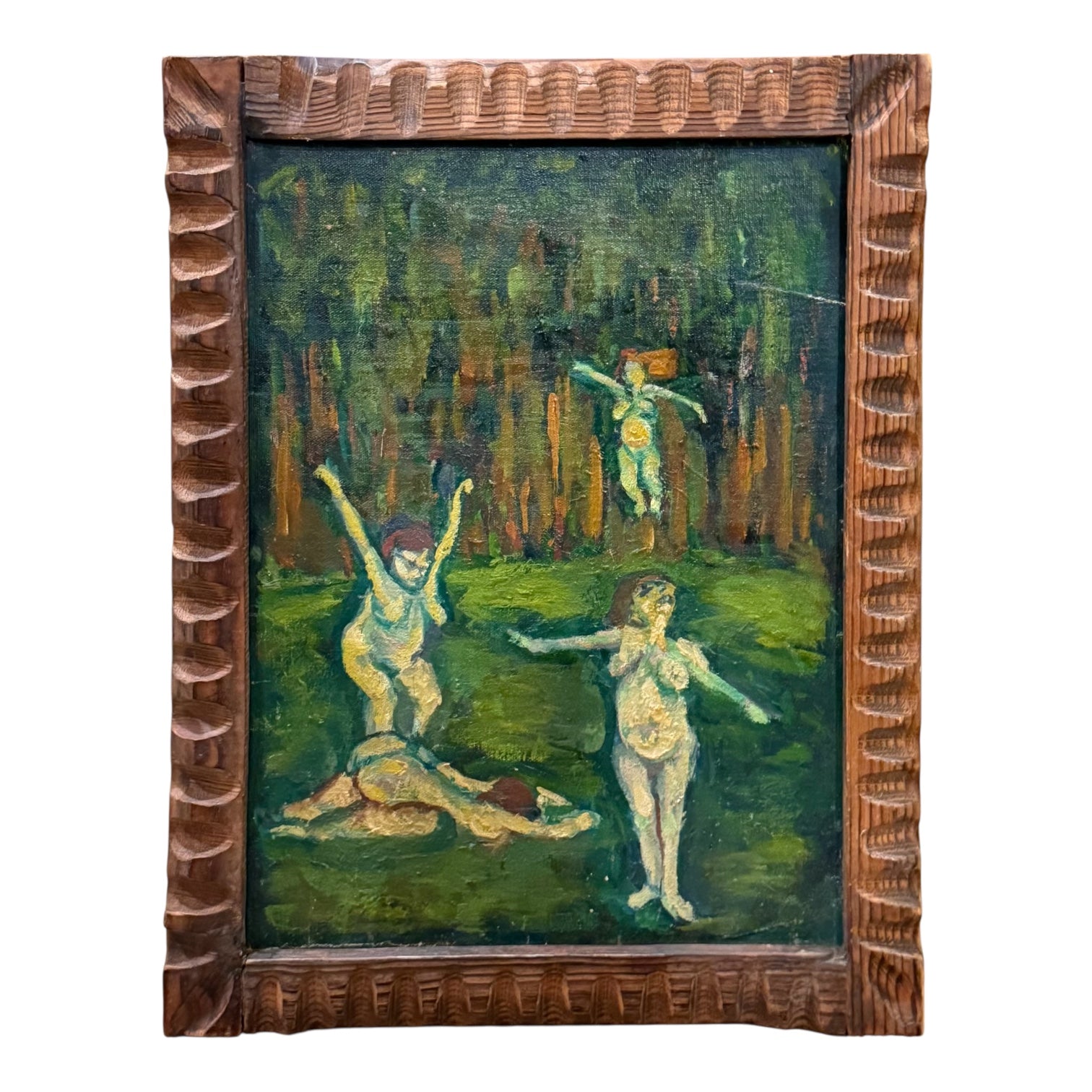 Oil Painting of Free-Spirited Figures in Naturescape in Vintage Wood Frame