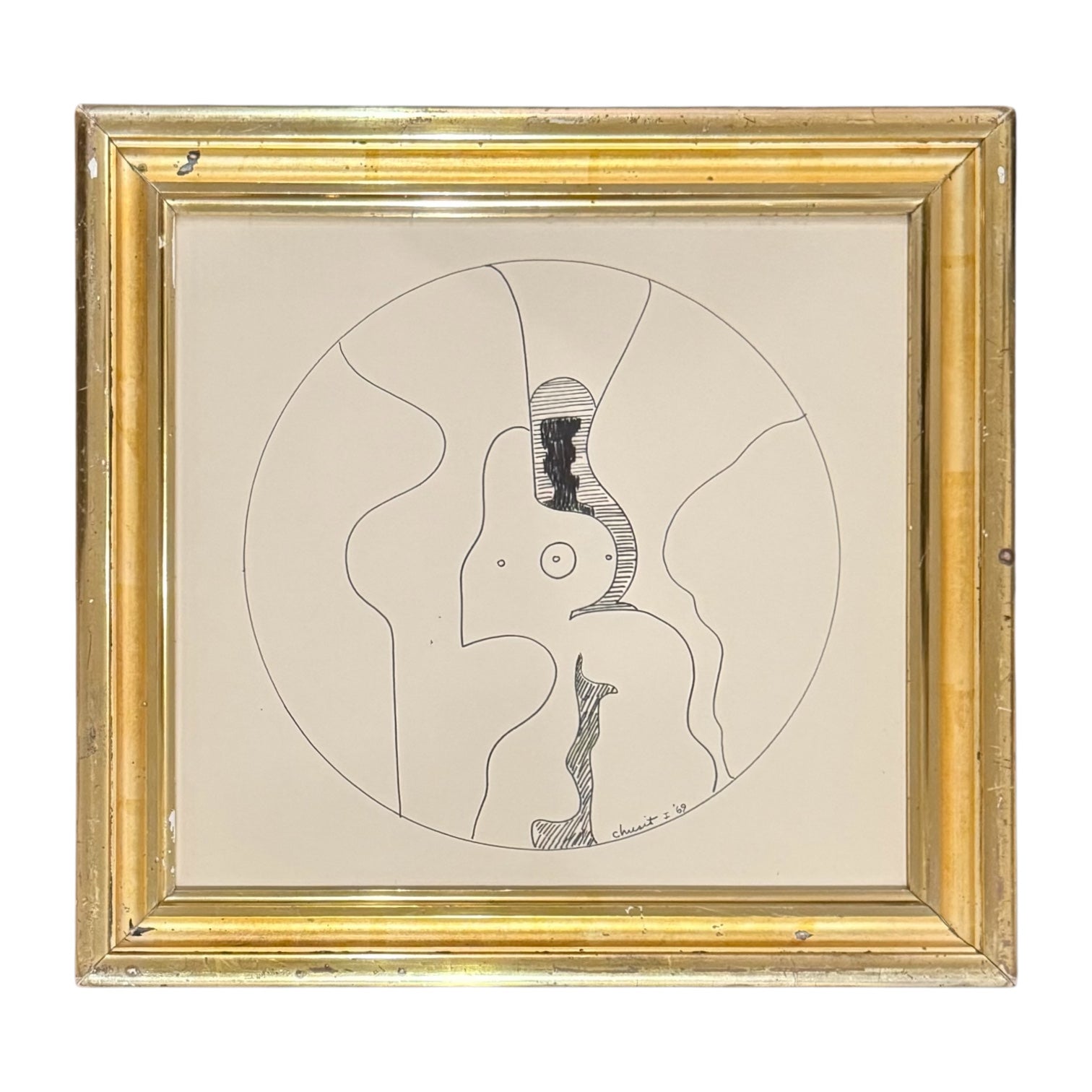 1969 Figurative Line Drawing in 19th Century Gilt Frame