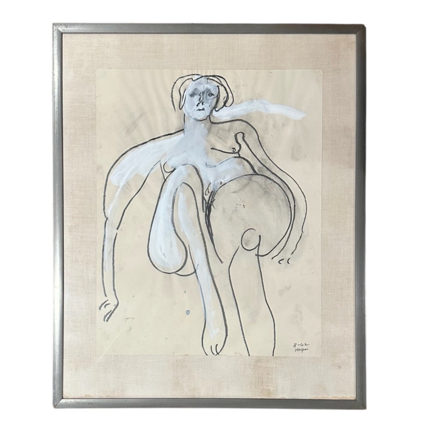 Large 1962 Minimalist Abstract of a Seated Woman in Original Frame
