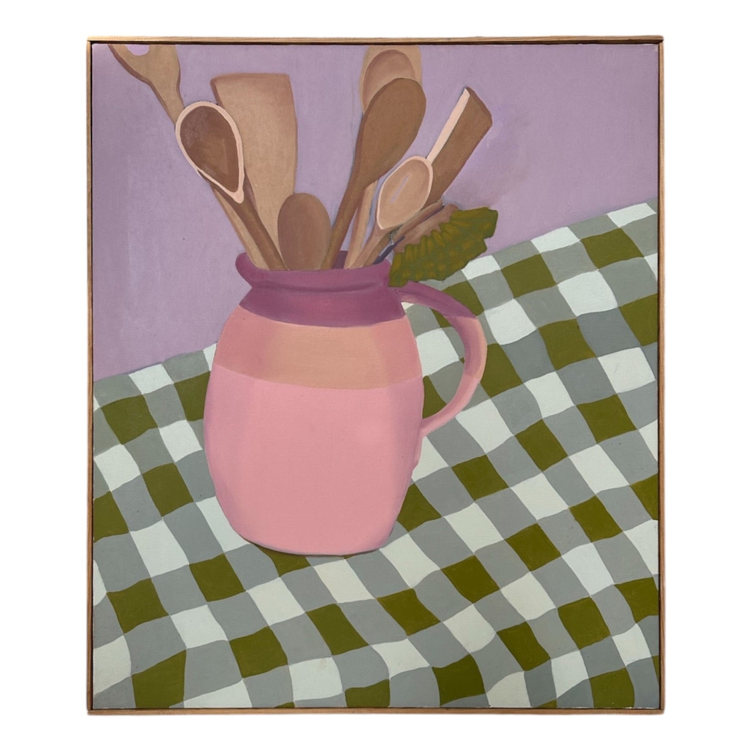 Still LIfe Tablescape with Pinks and Greens in Original Lathe Frame