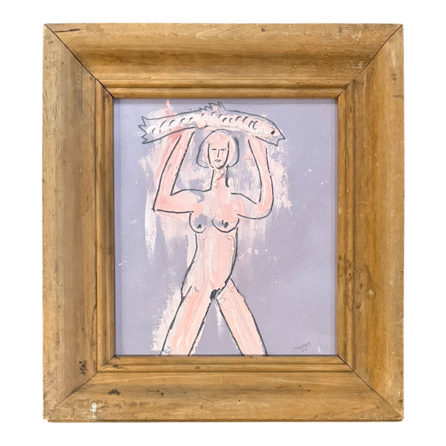 1997 Figurative Painting of Woman with Fish in Heavy Vintage Wood Frame