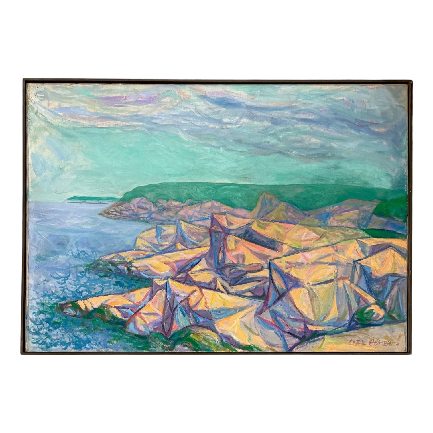 1975 “Rocky Coast” Cubist Oil on Canvas Seascape