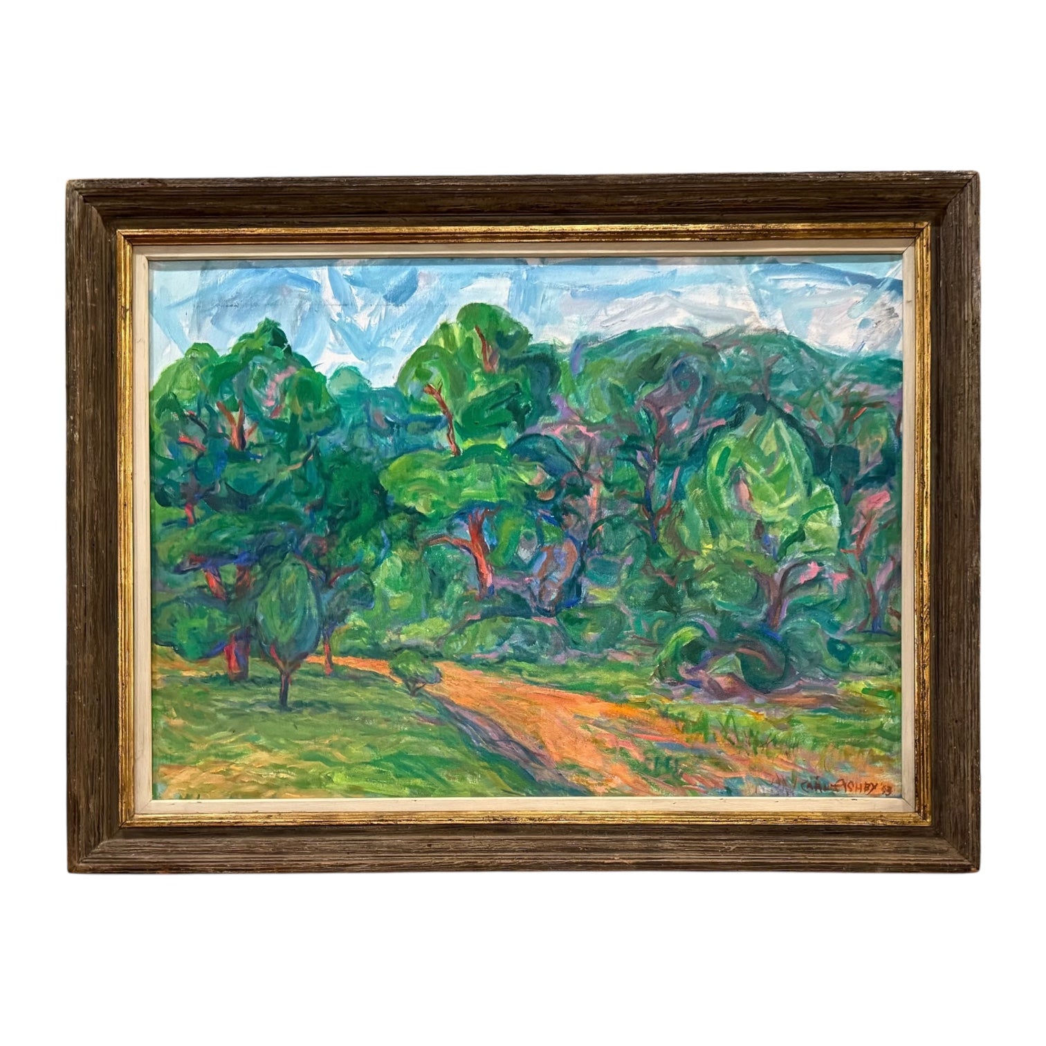 Large Framed Lush Landscape Oil on Canvas