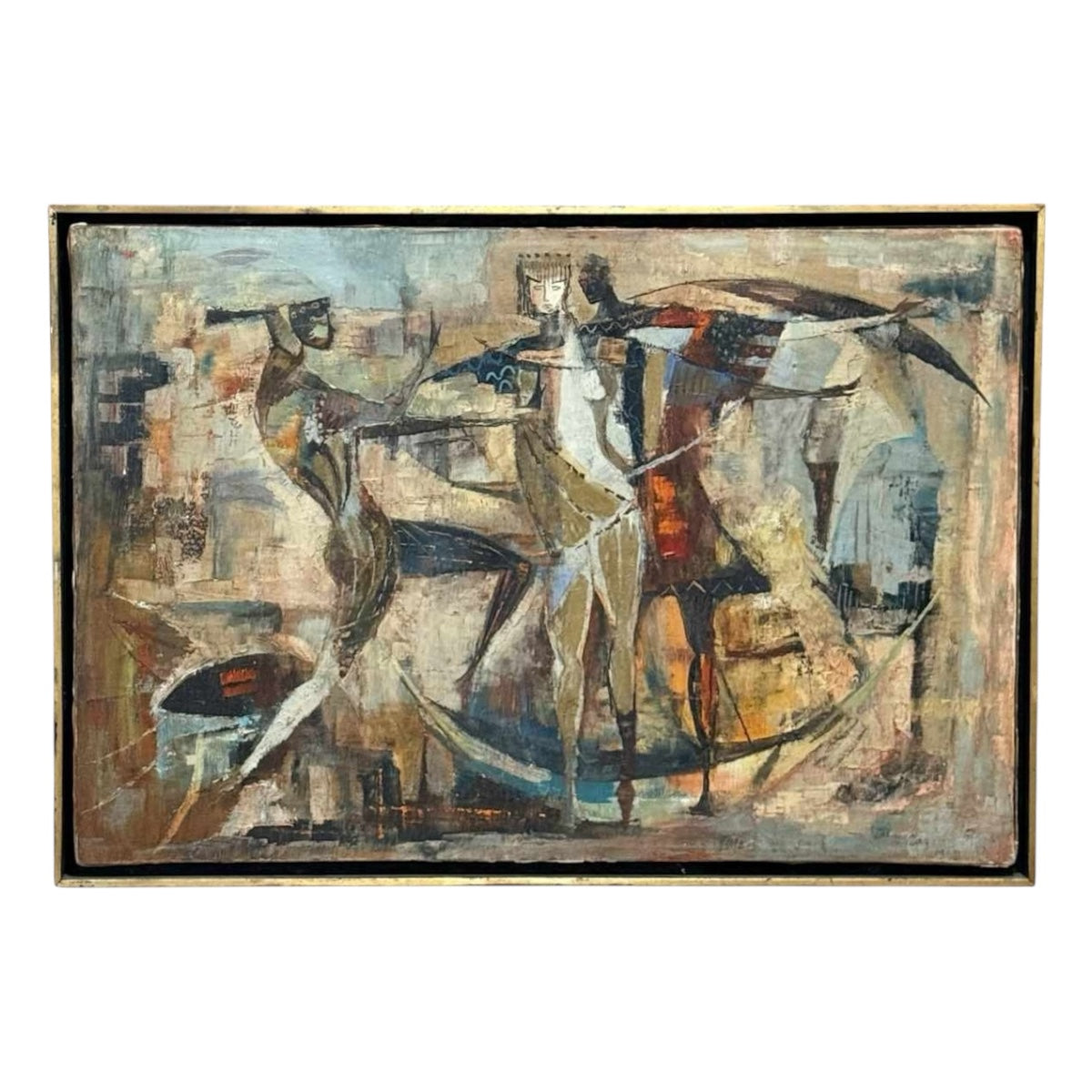 Vintage Cubist Oil Painting of Figures in Original Gilded Wood Float Frame