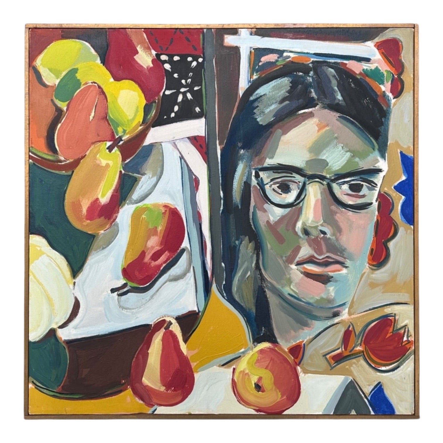 Oil Portrait with Pears in Original Wood Lathe Frame