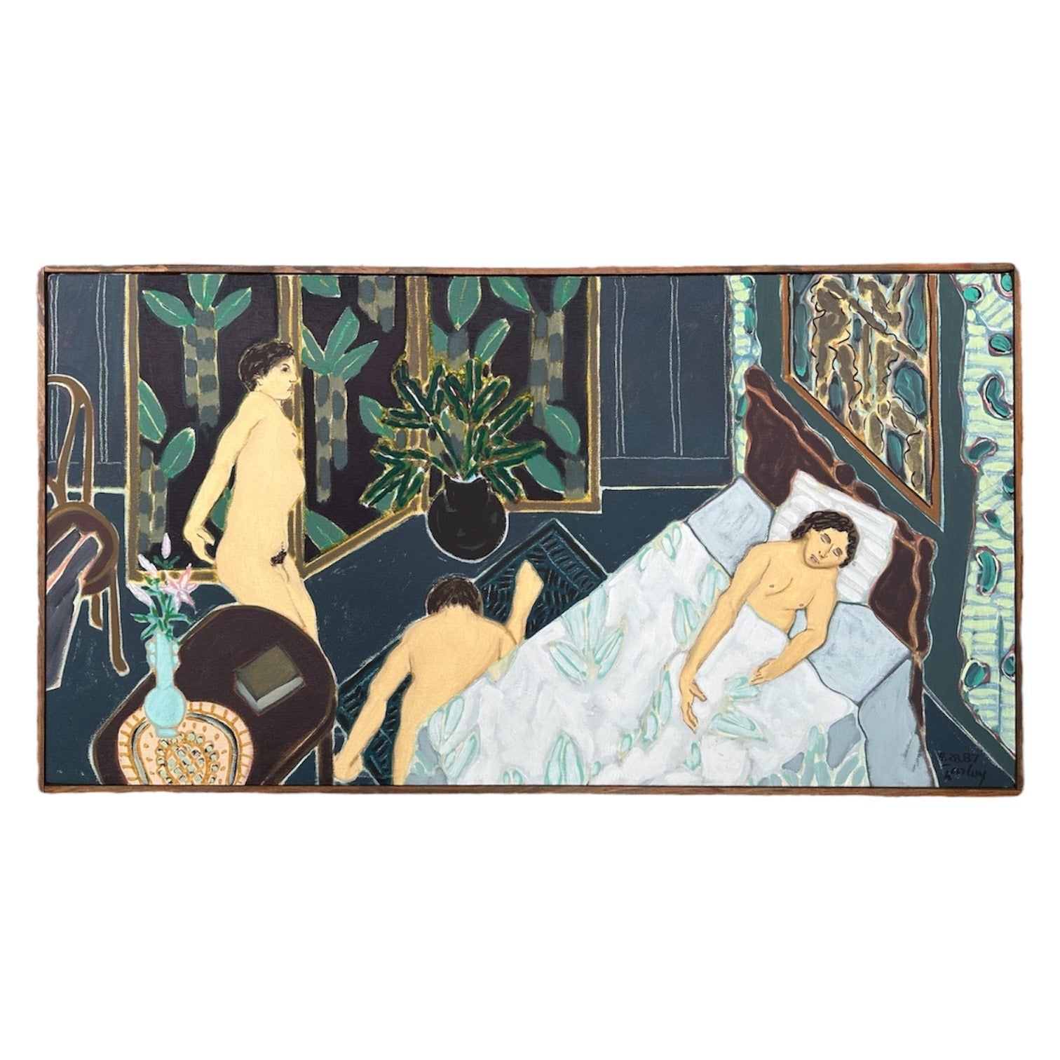 Oil Painting of Figures in Heavily Patterned Interior in Original Wood Lathe Frame