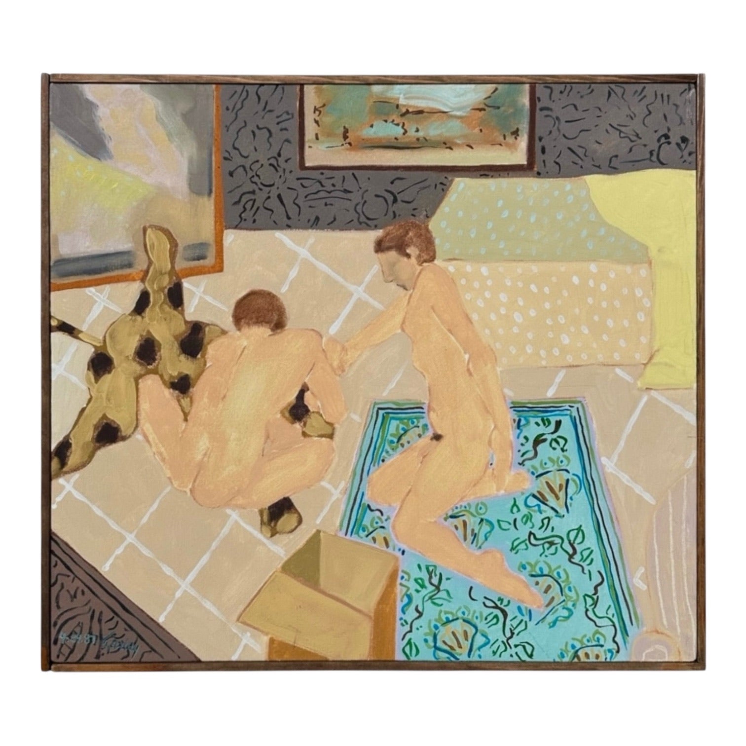 Oil Painting of Figures in Interior with Patterning in Original Lathe Frame