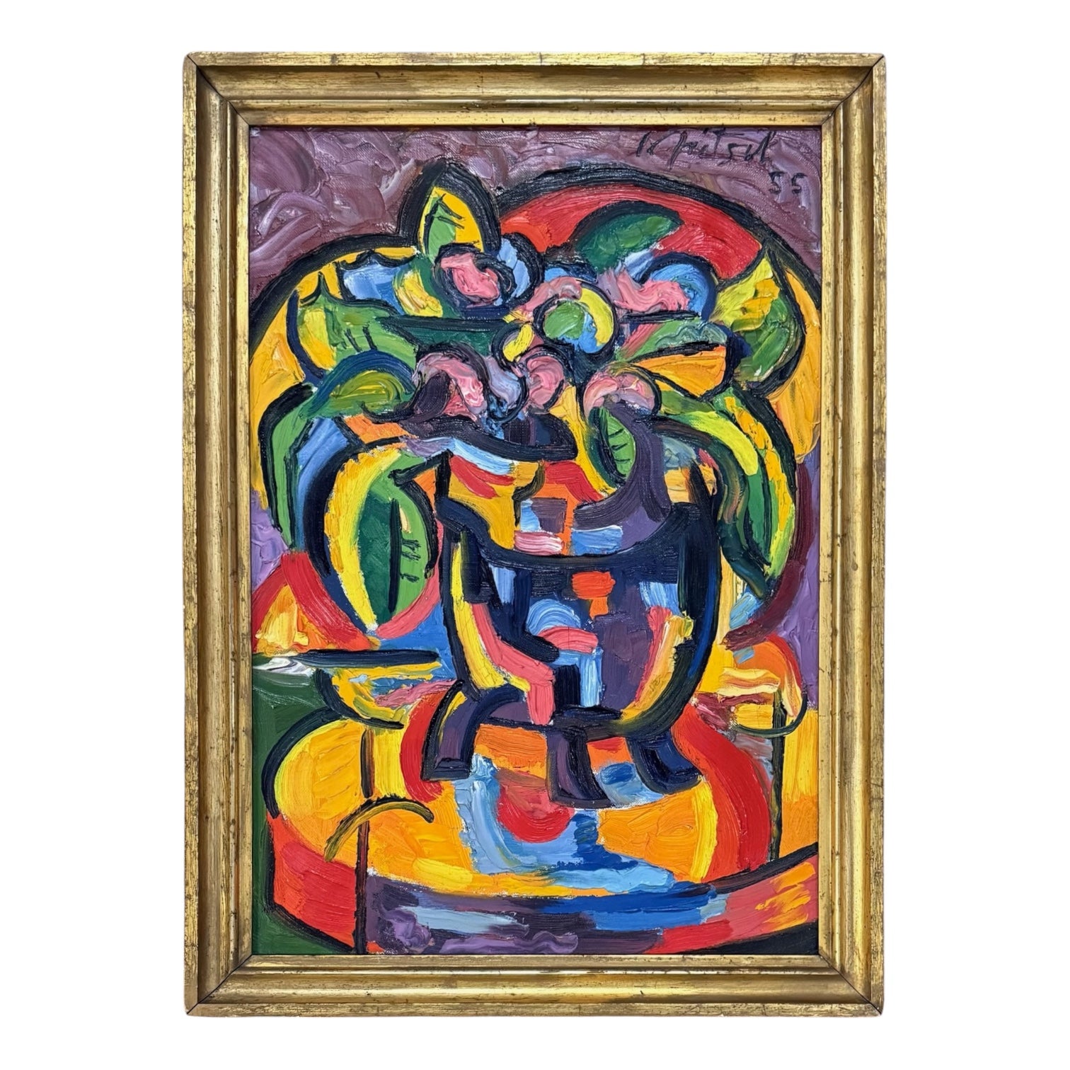 Brilliantly Colorful Still Life with Plant in 19th Century Gilt Frame