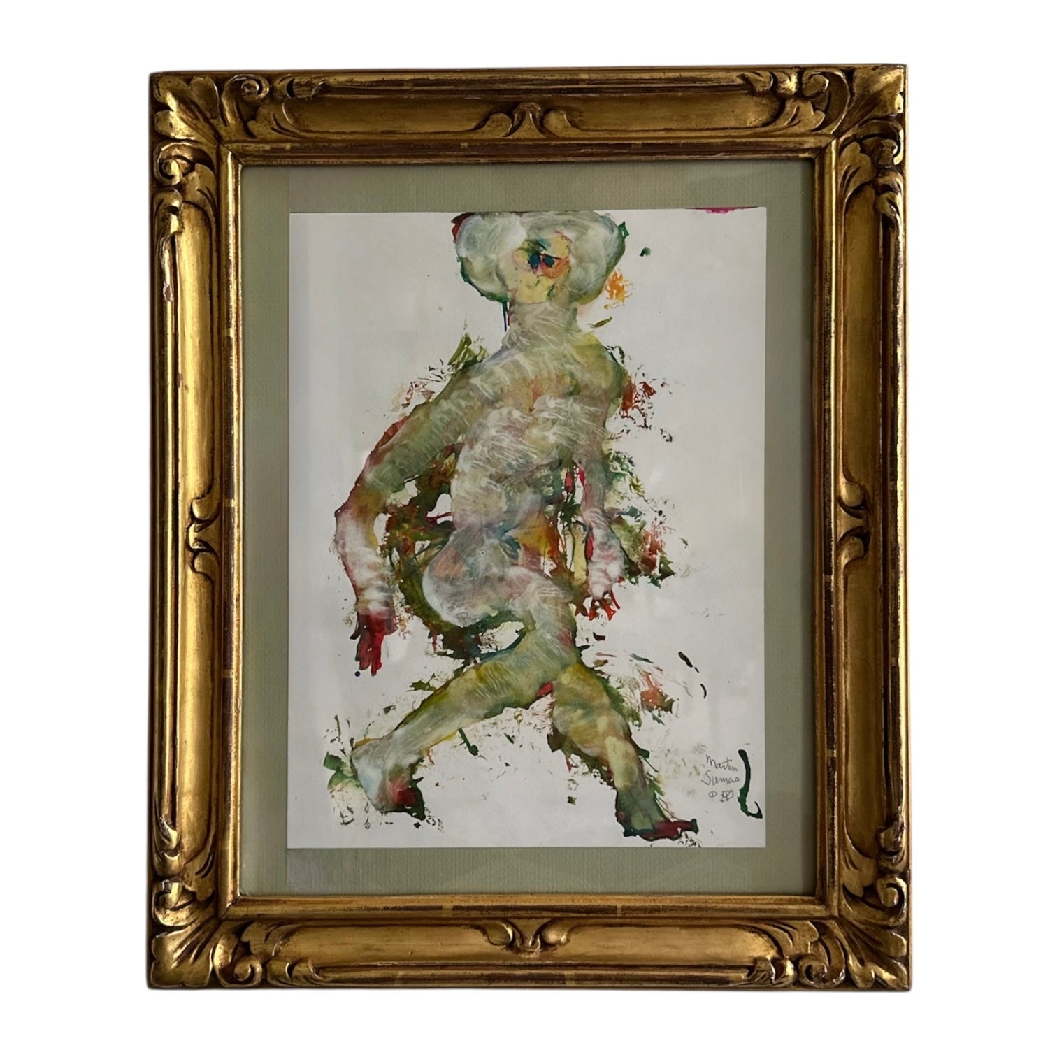 Abstract Figurative Painting in the Manner of Egon Schiele, Antique Frame
