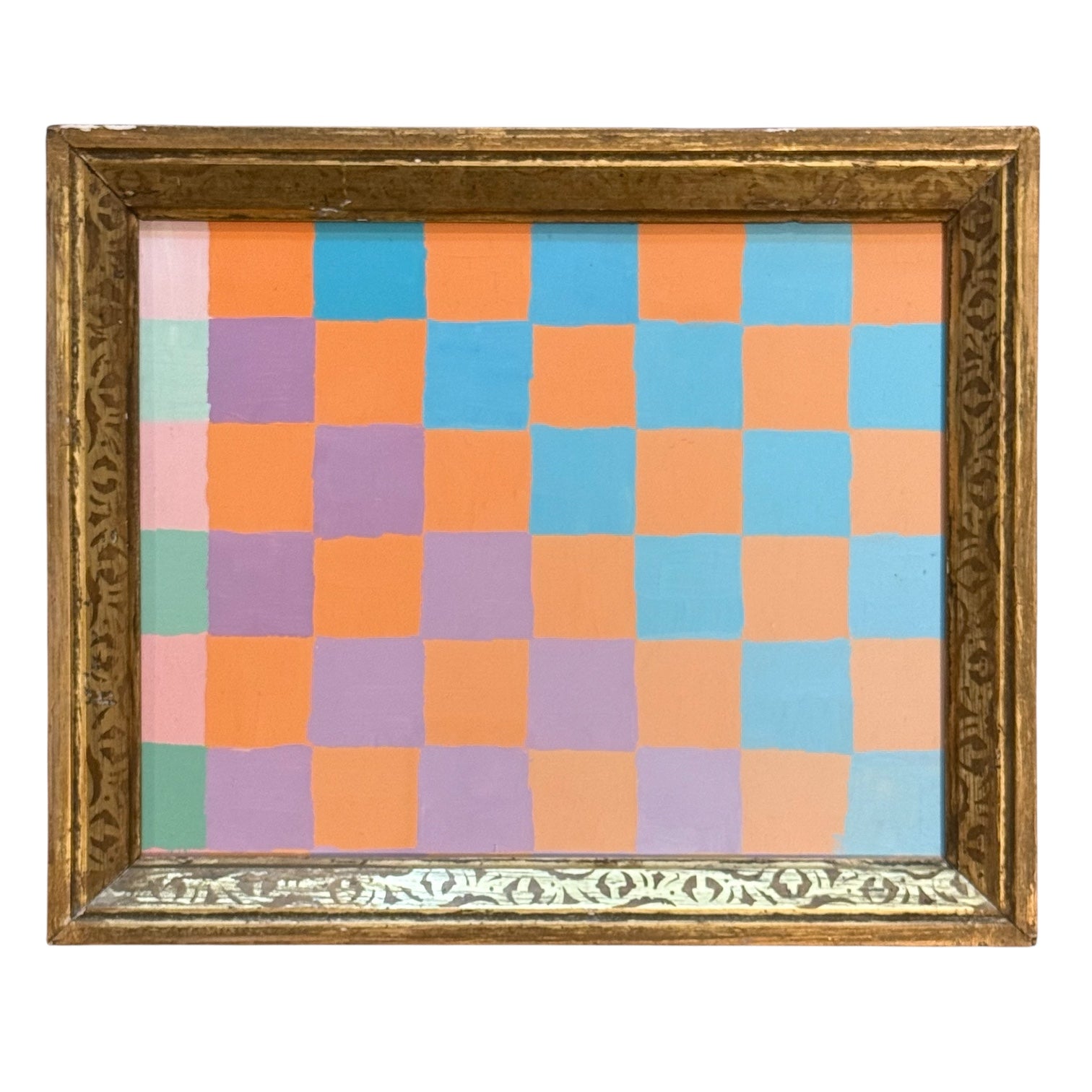 Graphic Checkerboard Painting in Orange, Lavender, Blue in 19th Century Frame WC108