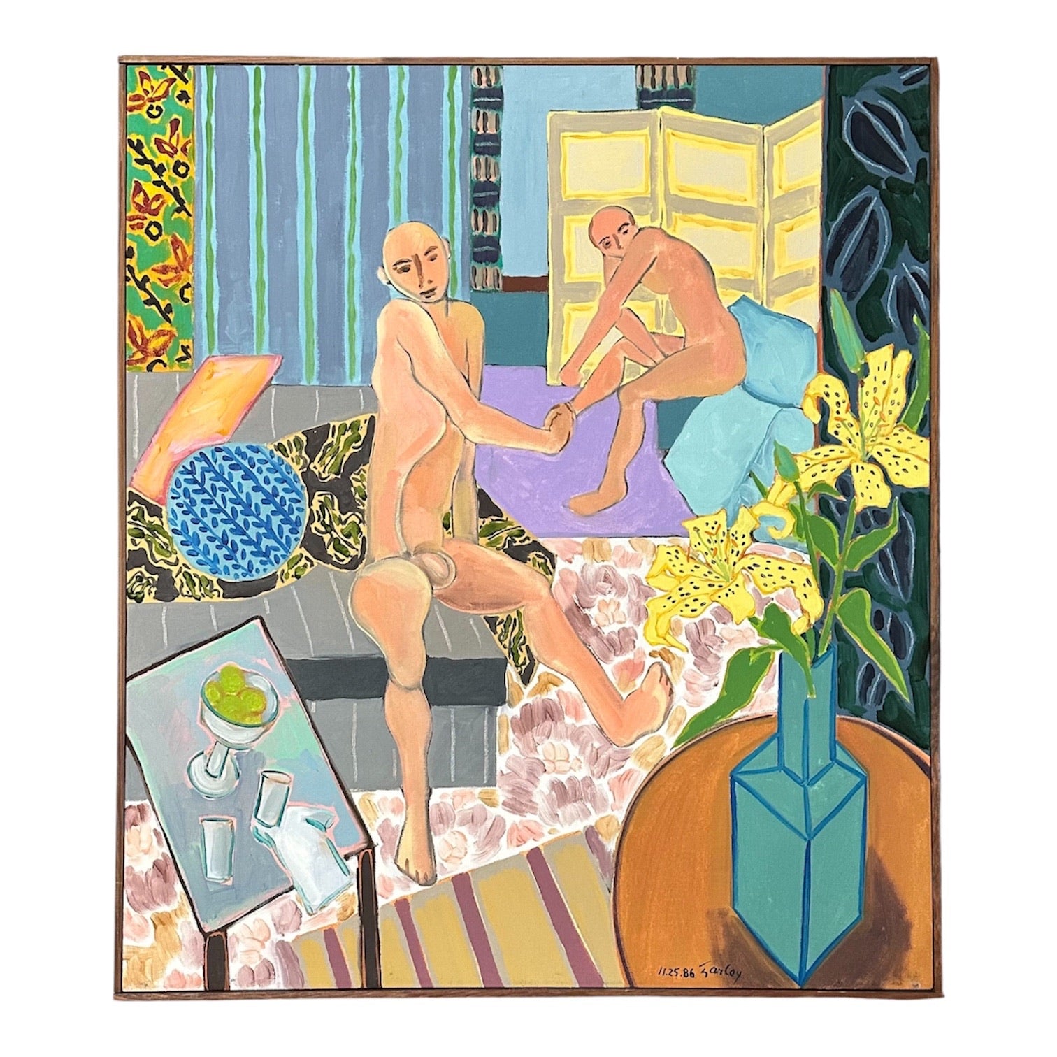 Vivid and Brightly Patterned Changing Room Featuring Two Male Figures