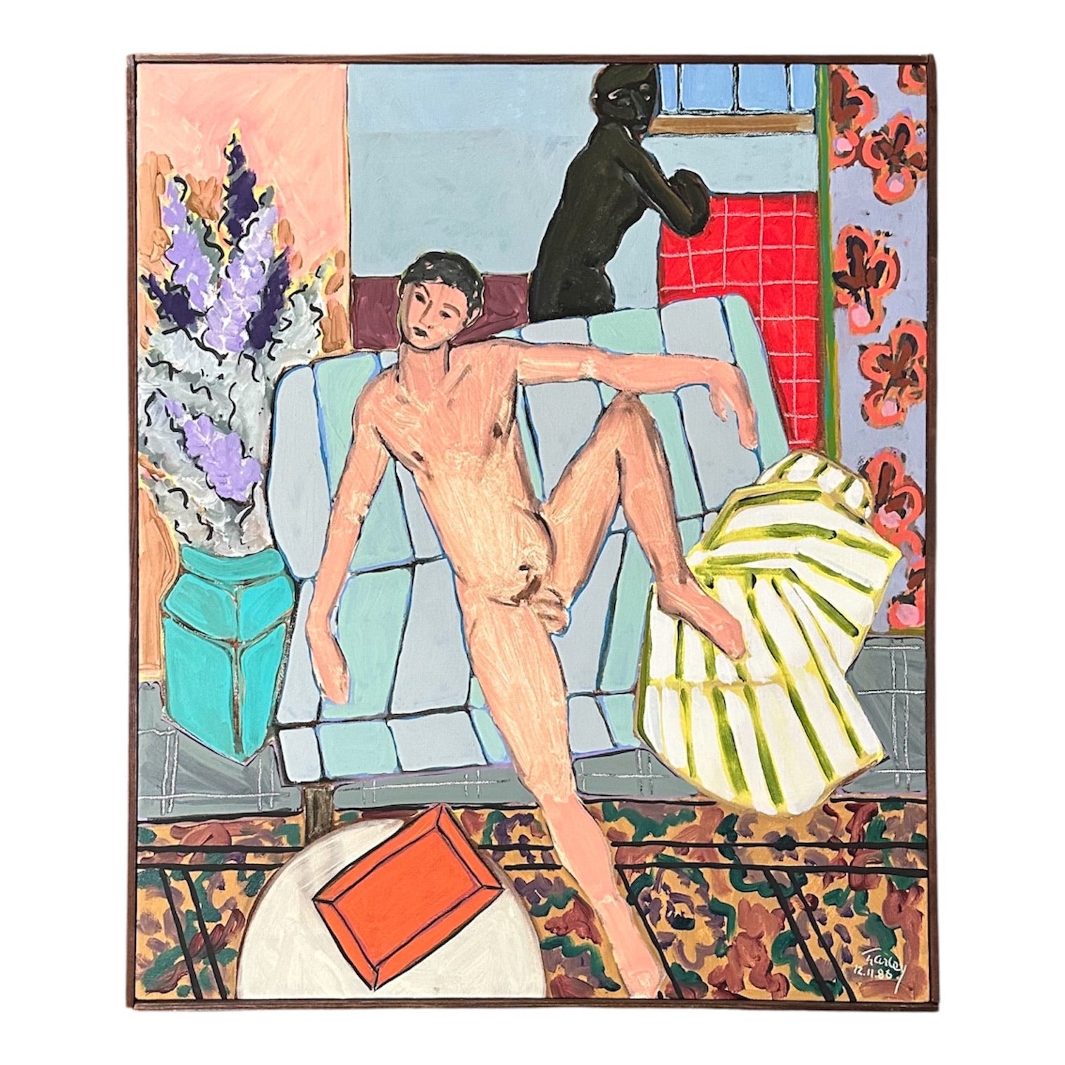 Colorfully Patterned  Reclining Male Figure with Silhouette Behind