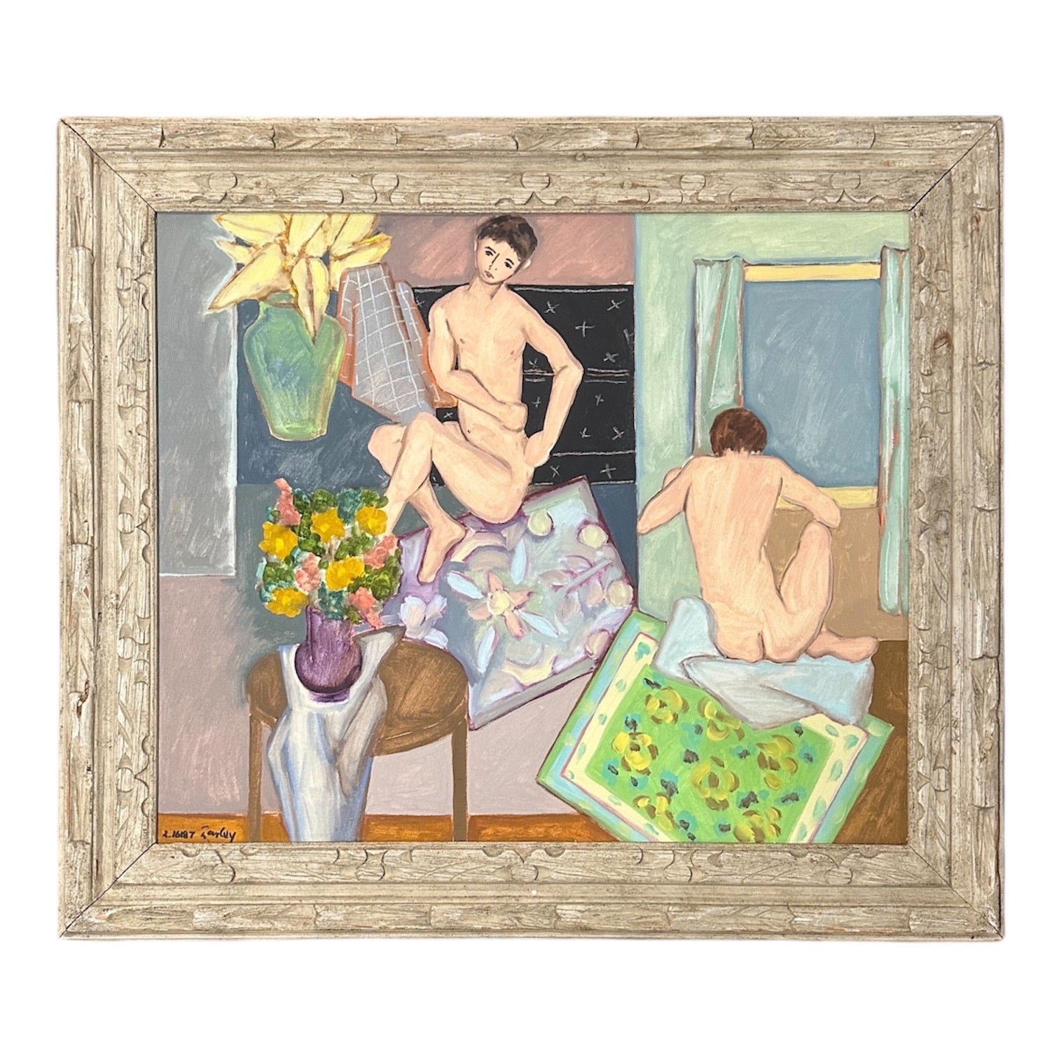 Oil Painting of Two Figures in Patterned Interior with Vintage Wooden Frame