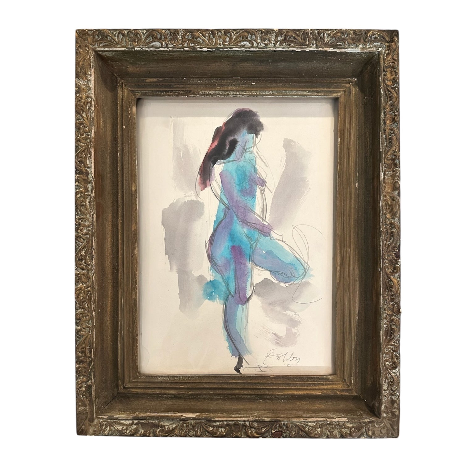 Carl Ashby Blue Nude Watercolor in Antique Frame Reserved