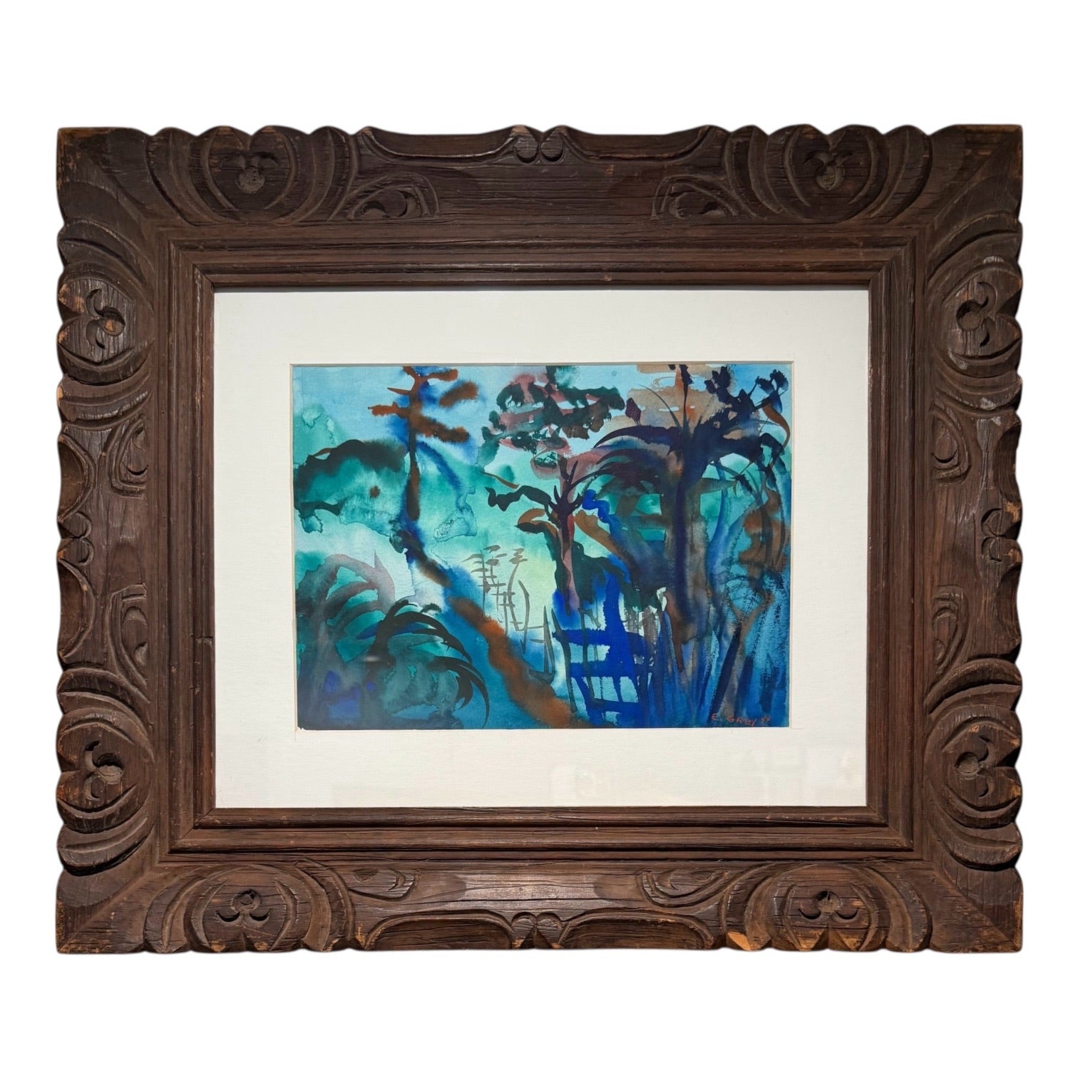 Watercolor Naturescape in Hand-Carved Antique Frame