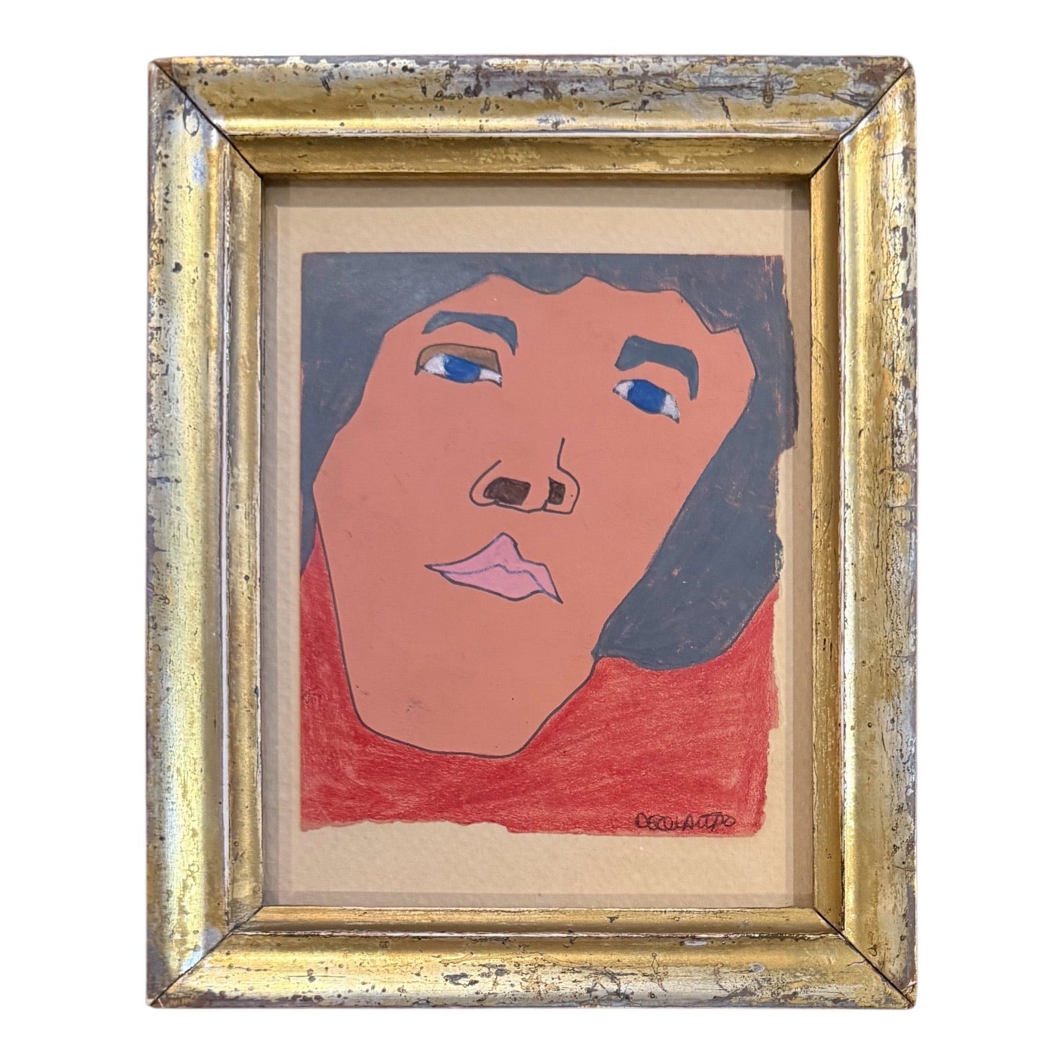 Colorful Portait in Antique 19th Century Gilt Frame