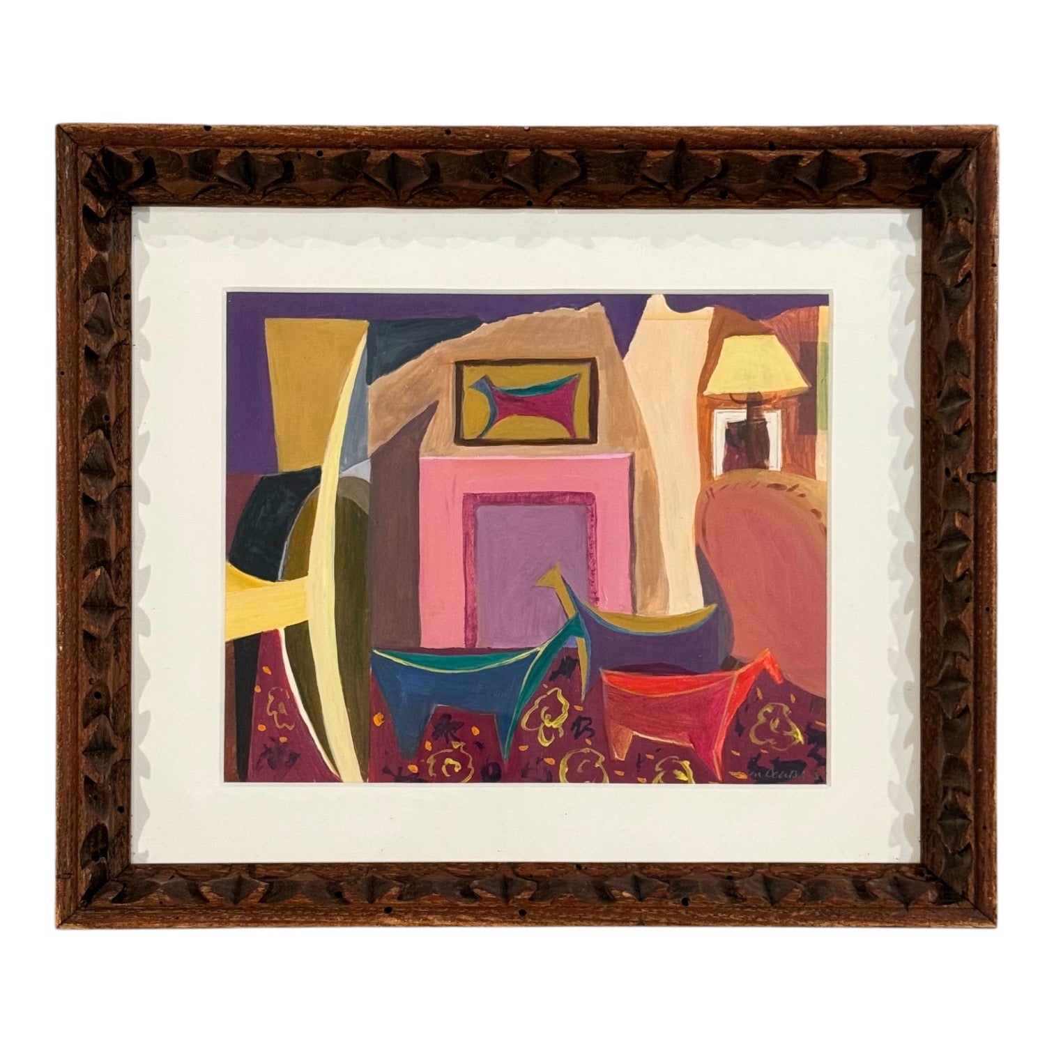 Color Block Interiors Painting with Dogs in Vintage Carved Wood Frame