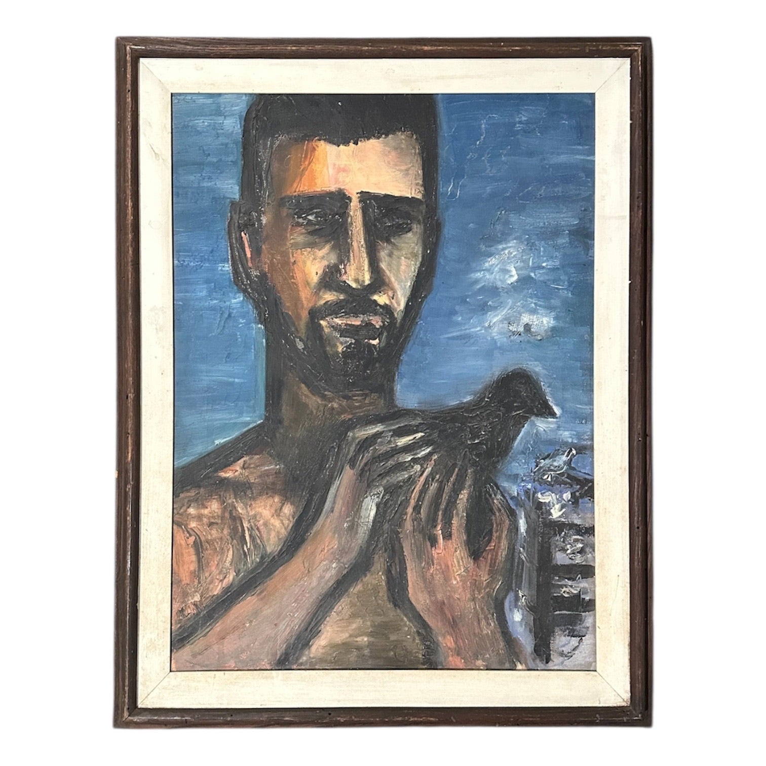 Bold Impasto Painting Featuring Figure with Bird in Original Frame