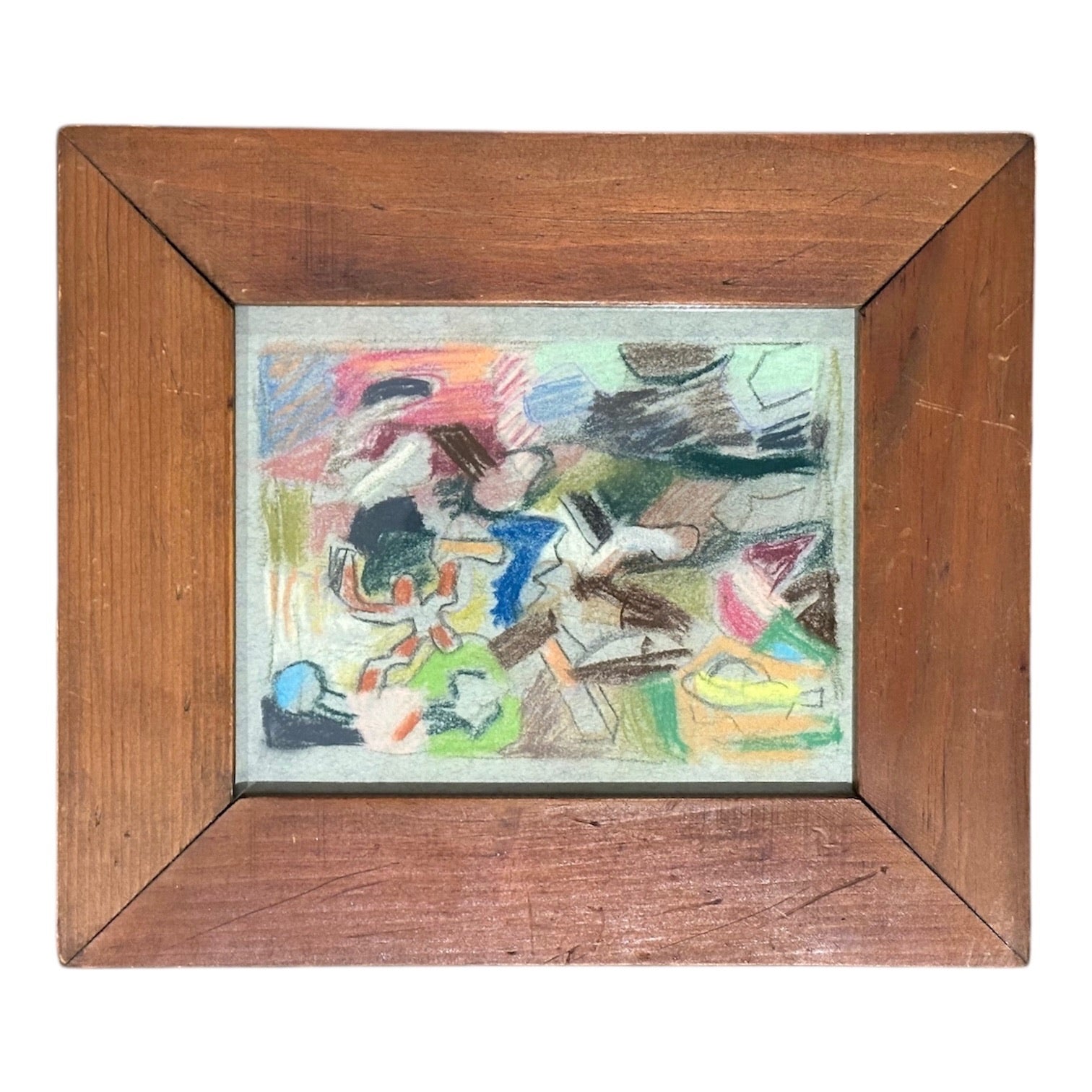 Energetic Geometric Abstract with Bright Colors on Gray in Vintage Wood Frame