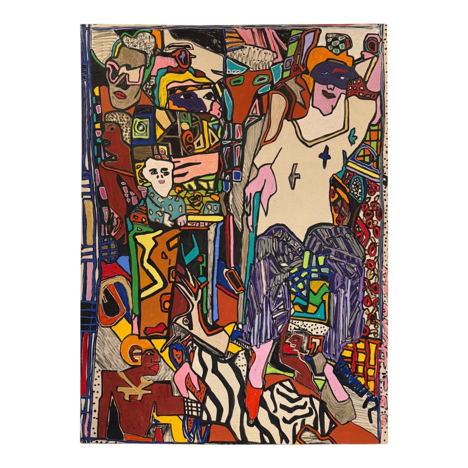 Monumental Vibrant Neo-Expressionist Painting of Masked Figure in Interior