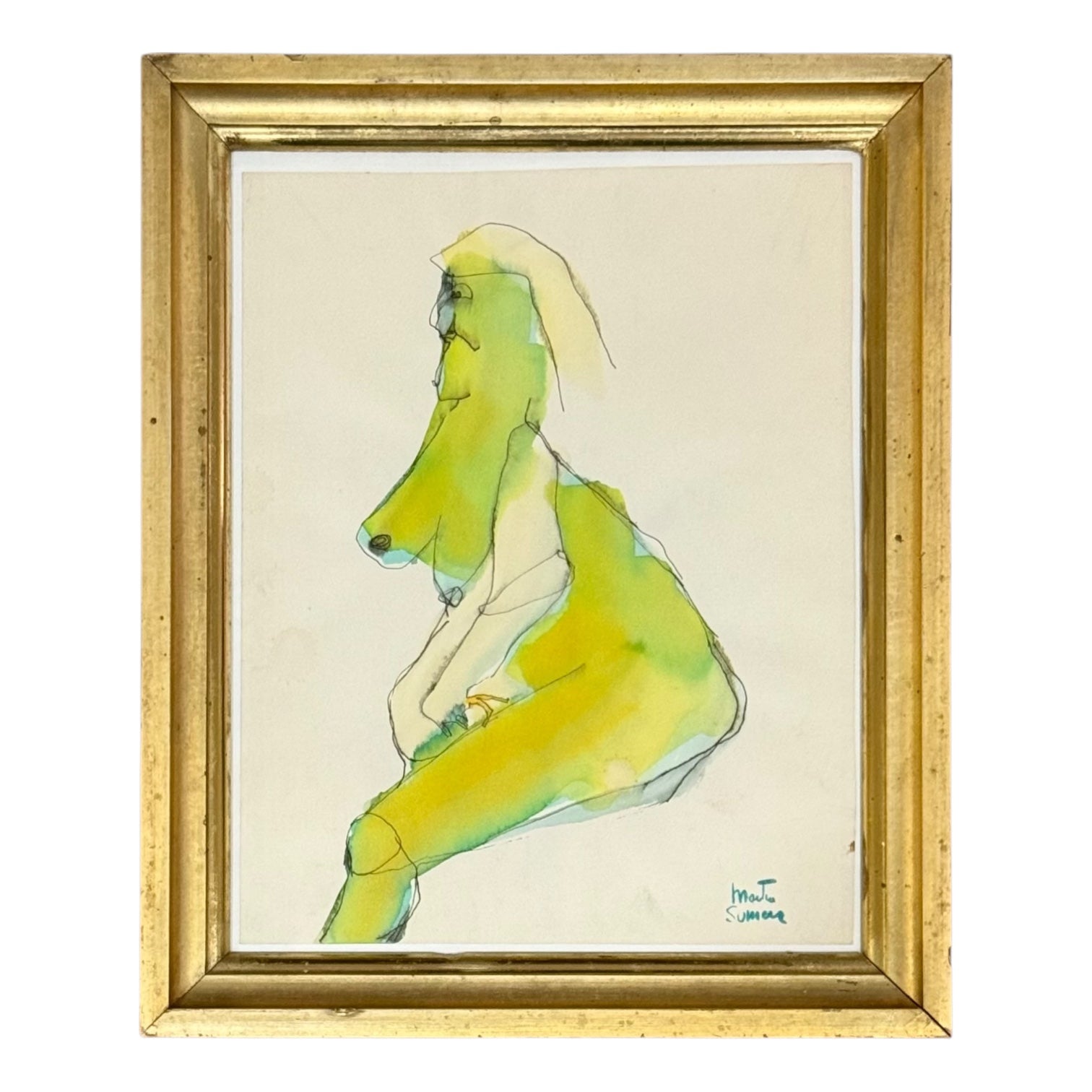 Figurative Watercolor in Acid Yellow and Green Presented in 19th Century Gilt Frame