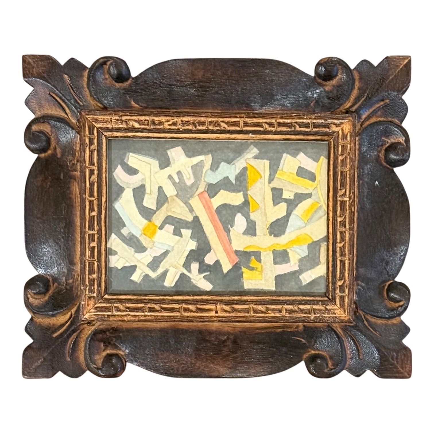 Abstract Pattern Painting in Grays and Yellows in Antique Hand-Carved Frame