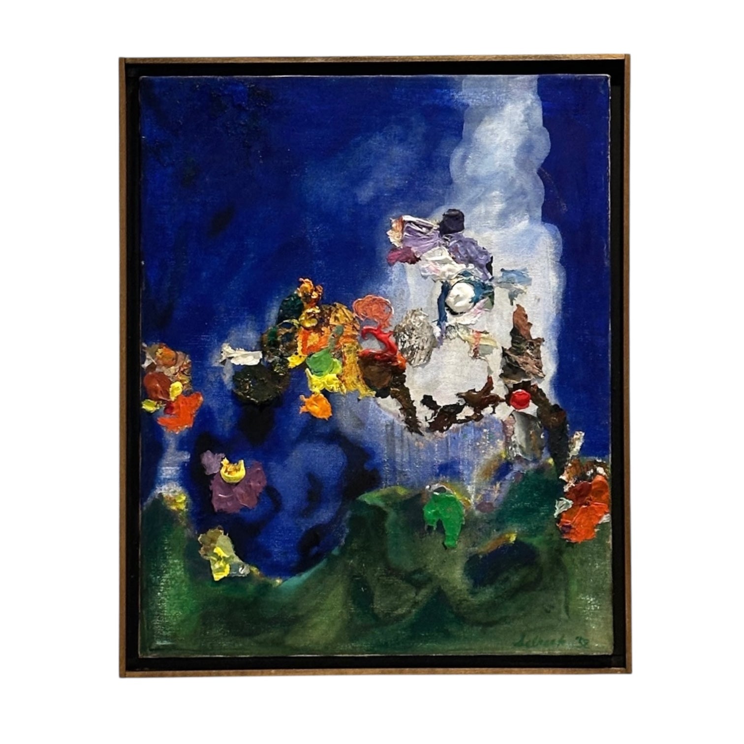 Bold Cobalt Blue Abstract with Heavy Impasto in Original Float Frame