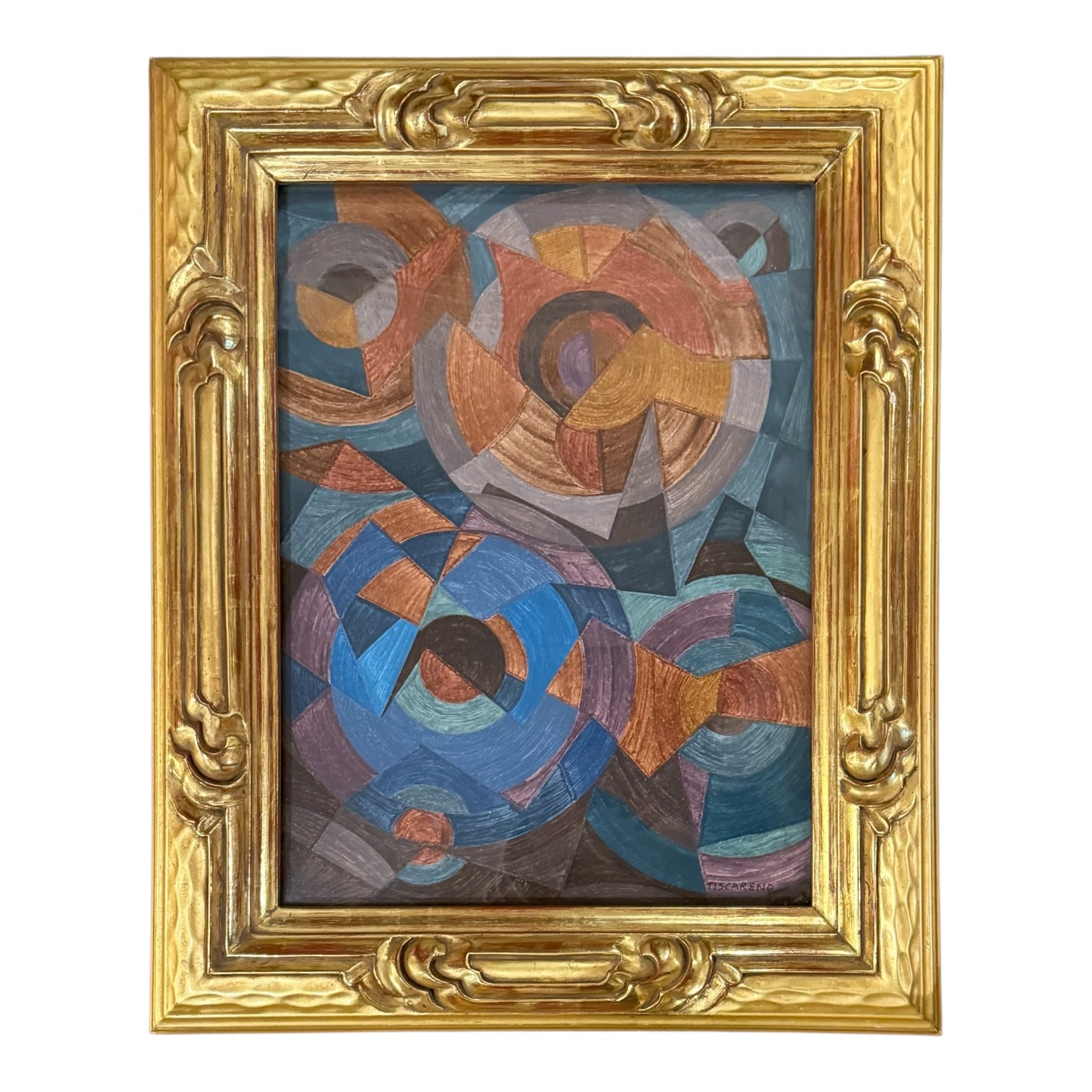 Geometric Drawing in the Style of Sonia Delaunay in Heavy Hand-Carved Gilt Wood Frame