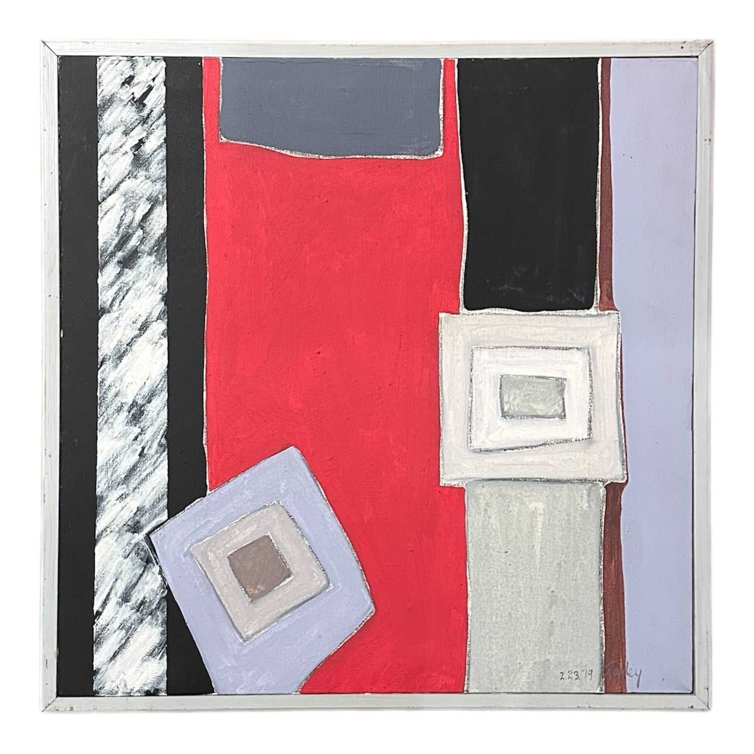 Geometric Abstract with Marbled Pattern in Red, Black, and Pastel Tones