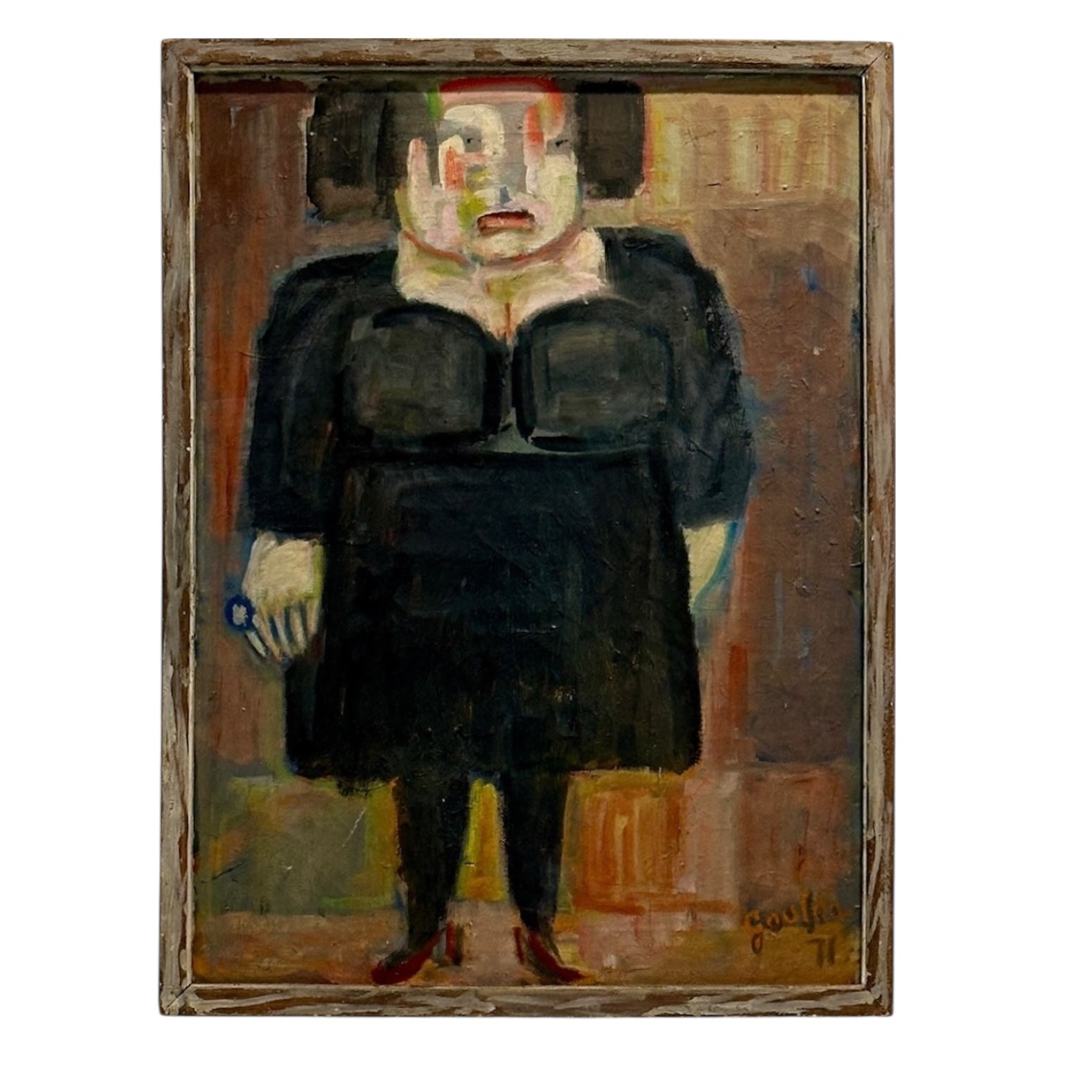 Abstracted Painterly Figurative Artwork in Original Wood Frame