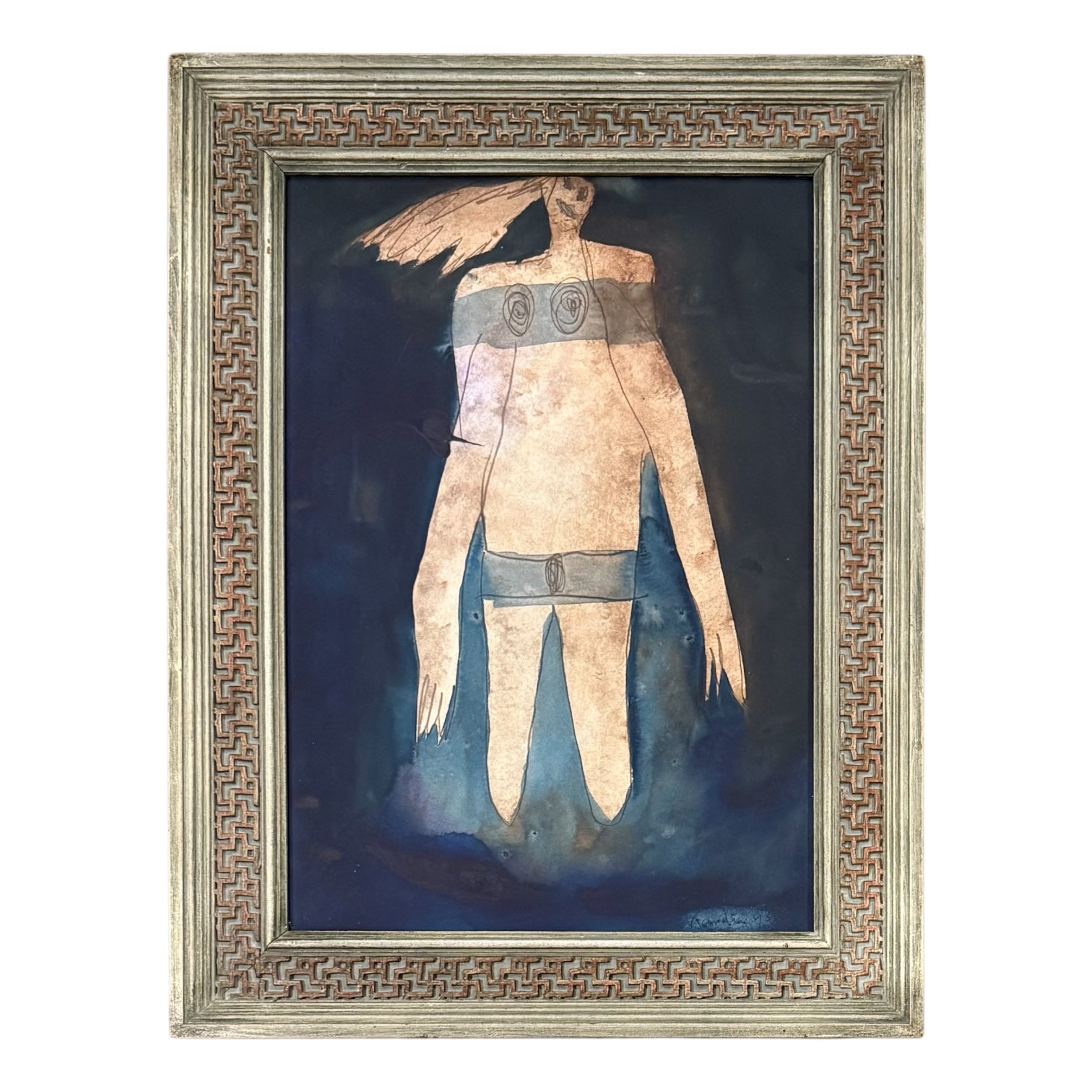 Moody Figurative Painting Hand Carved Lattice-Look Frame