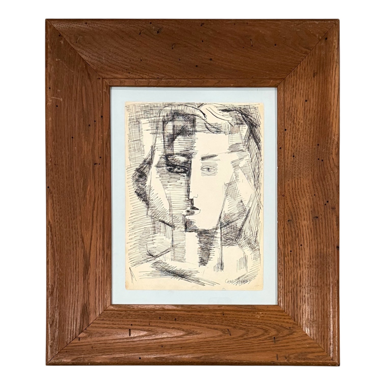 Cubist Ink Portrait in Heavy Vintage Wood Frame