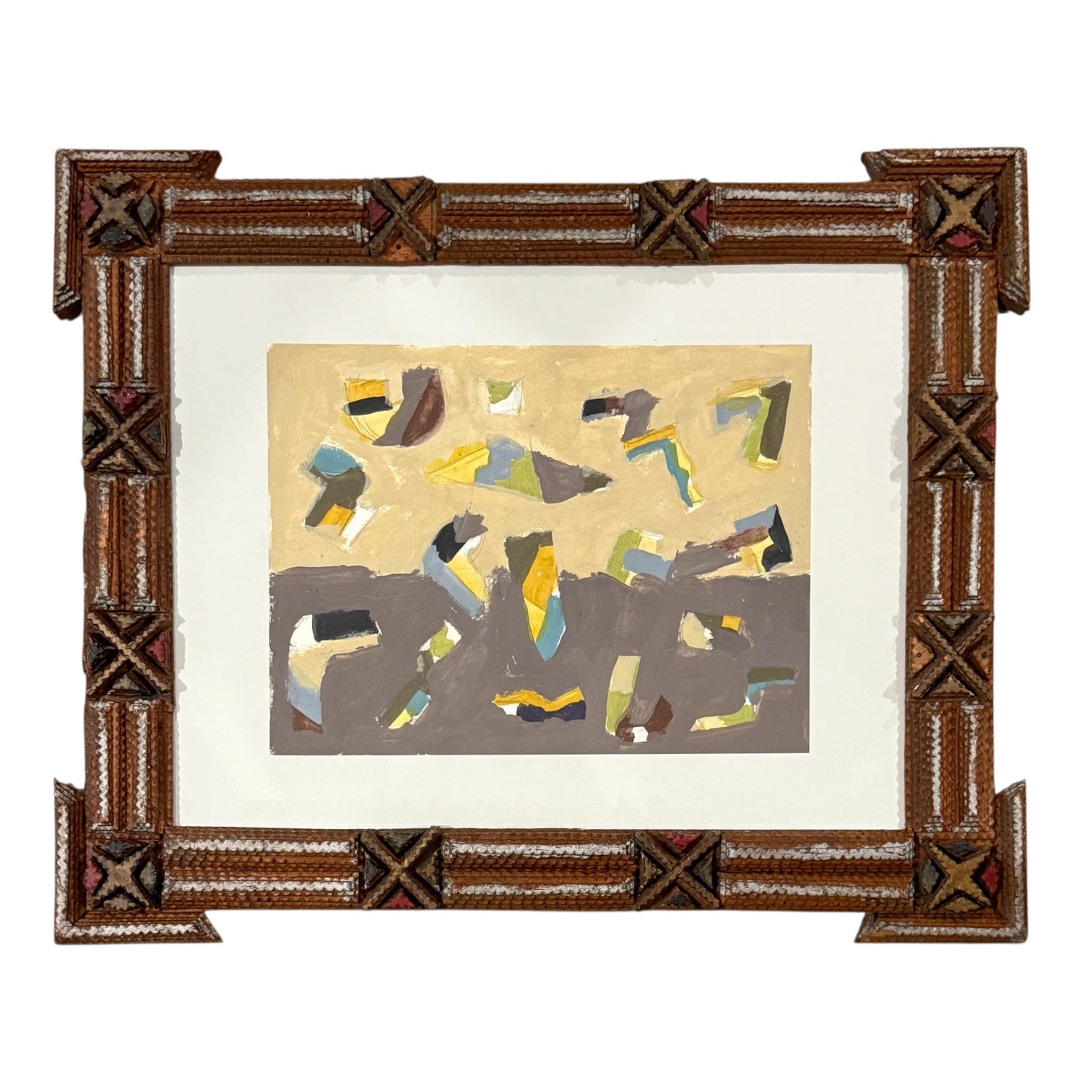 Gouache Pattern Painting in Antique Hand-Carved Tramp Art Frame