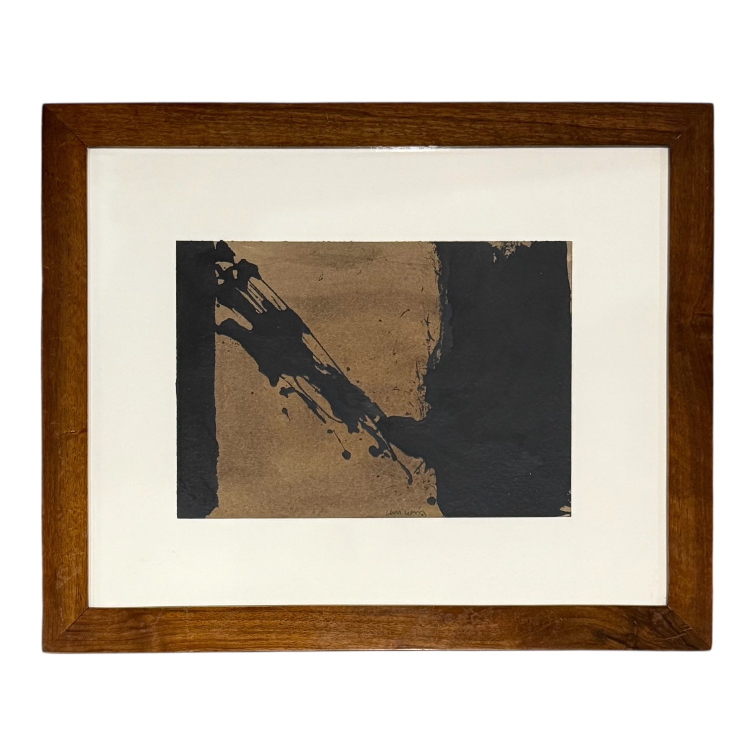 Minimalist Abstract Expressionist Painting in Black and Camel in Custom Wood Frame Manner of Franz Kline