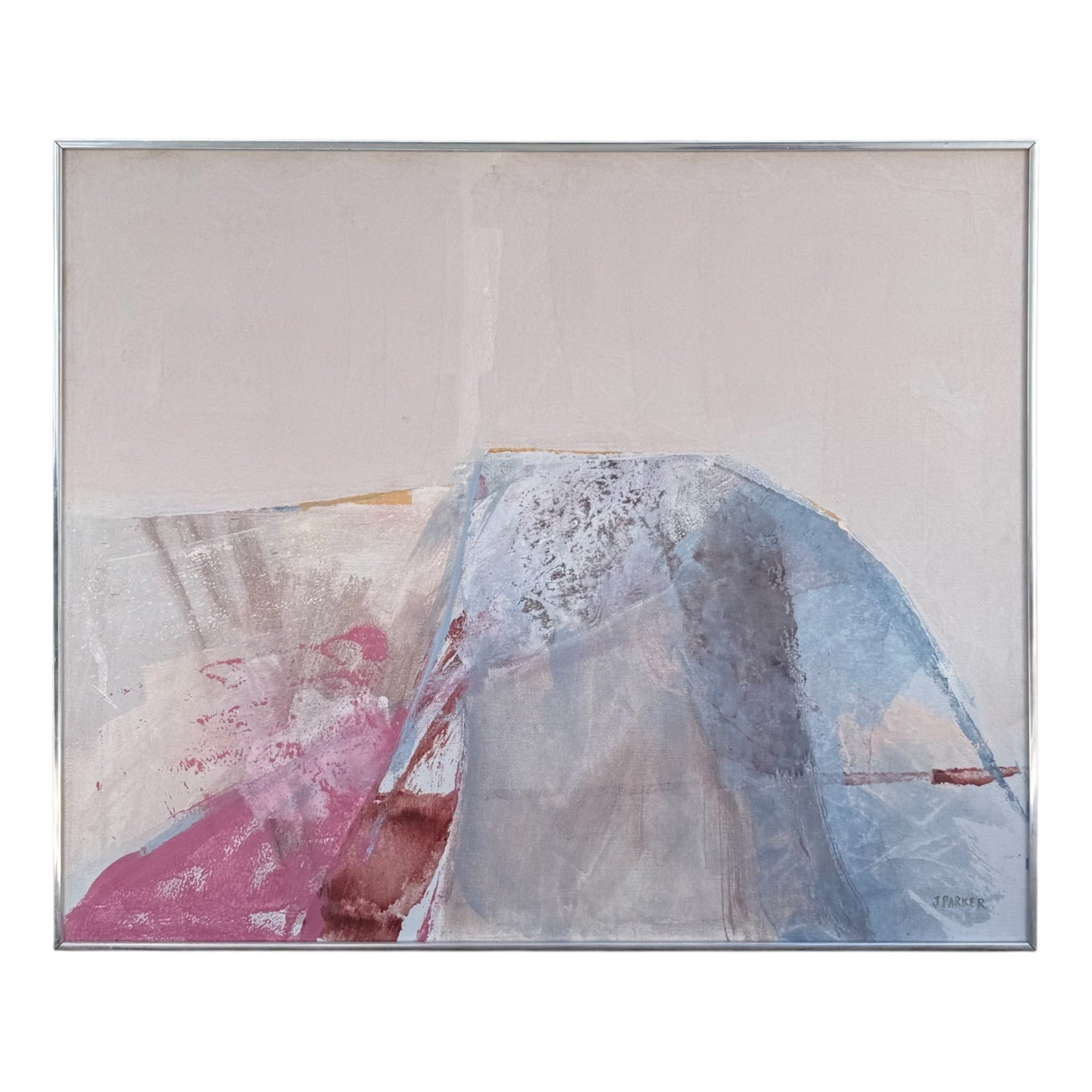 Serene Abstract  Oil Painting in Pinks and Blues in Original Metal Frame