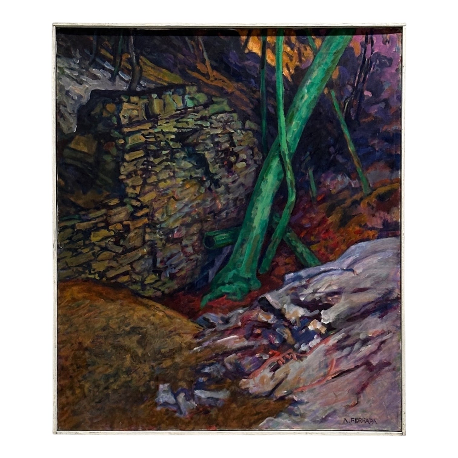 Dramatic Landscape Painting in Jewel Tones in Original Lathe Frame